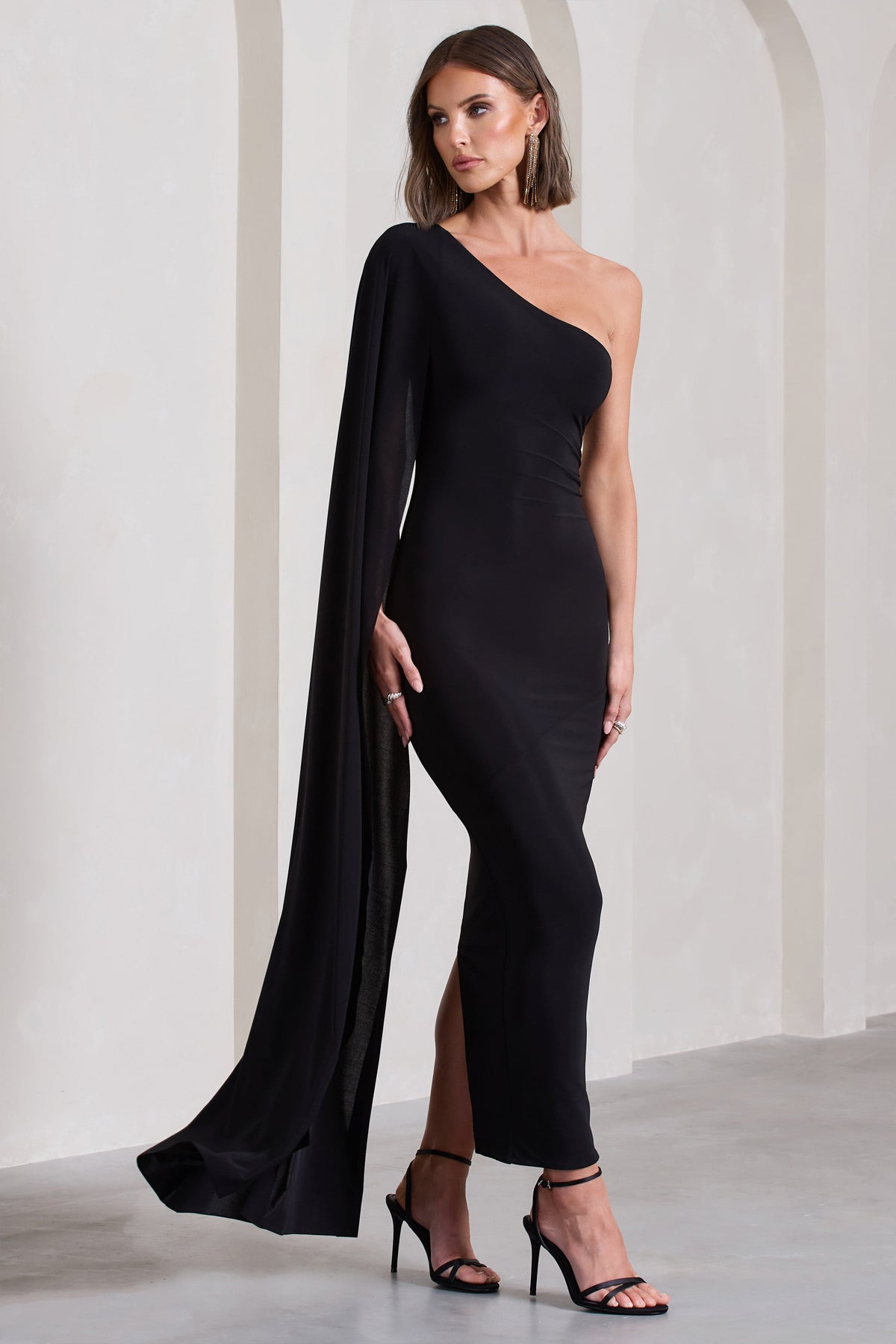 Kamila Black One Shoulder Cape Sleeve Open Back Maxi Dress Club