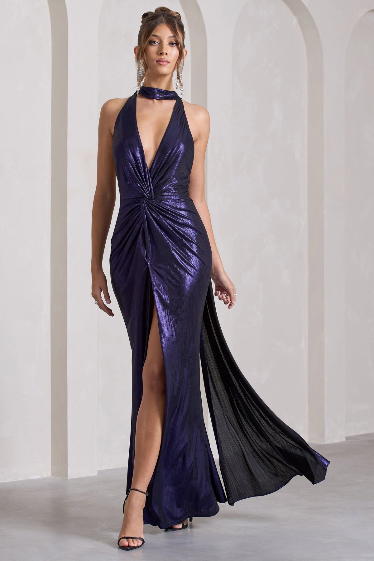 Lost Purple Metallic Halter Neck Cut Out Split Maxi Dress With