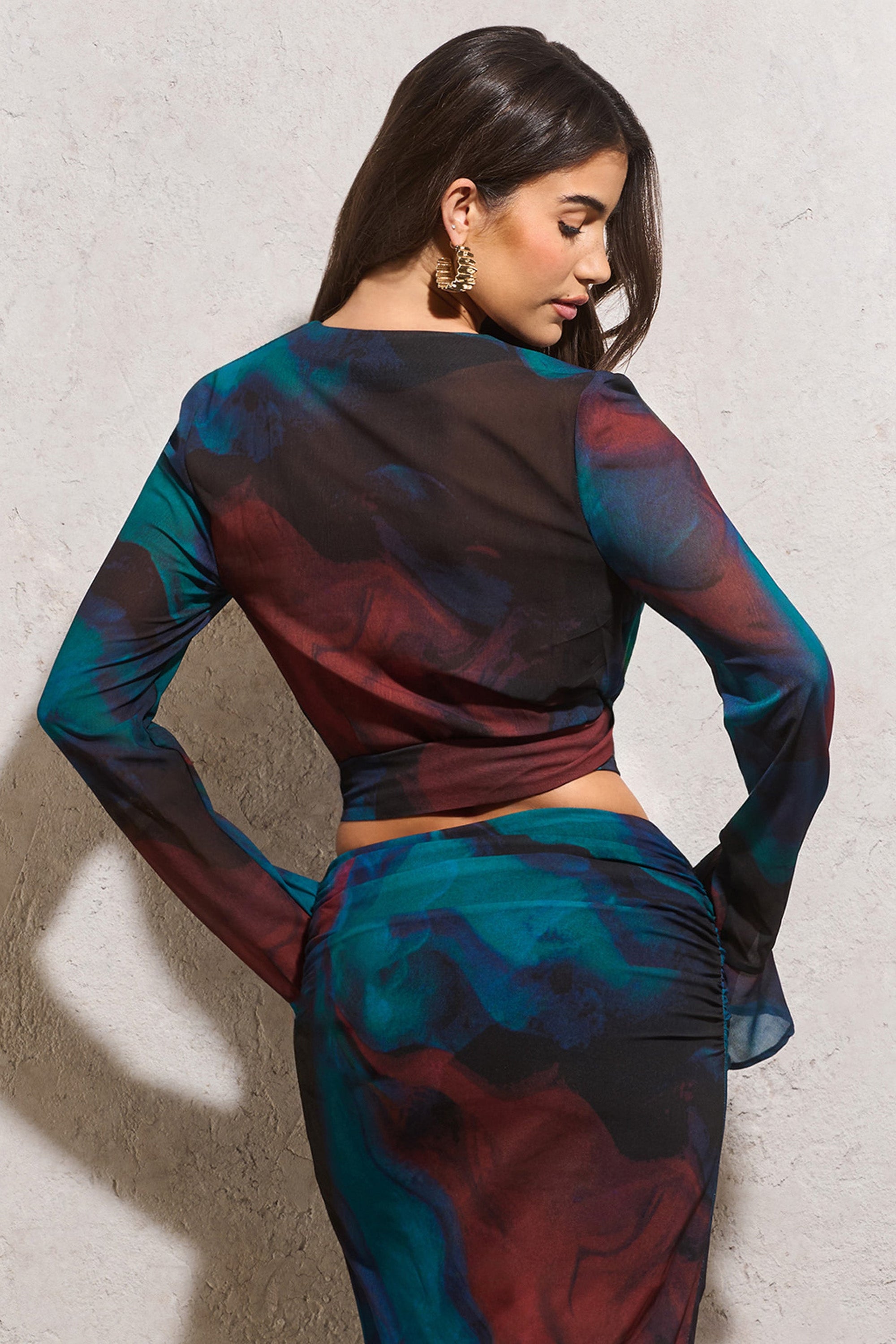 Bayside | Blue Print Chiffon Flared-Sleeve Wrap Top - Club L London - AUS
