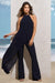 Catania | Navy Flared-Leg Jumpsuit With Chiffon Cape - Club L London - AUS