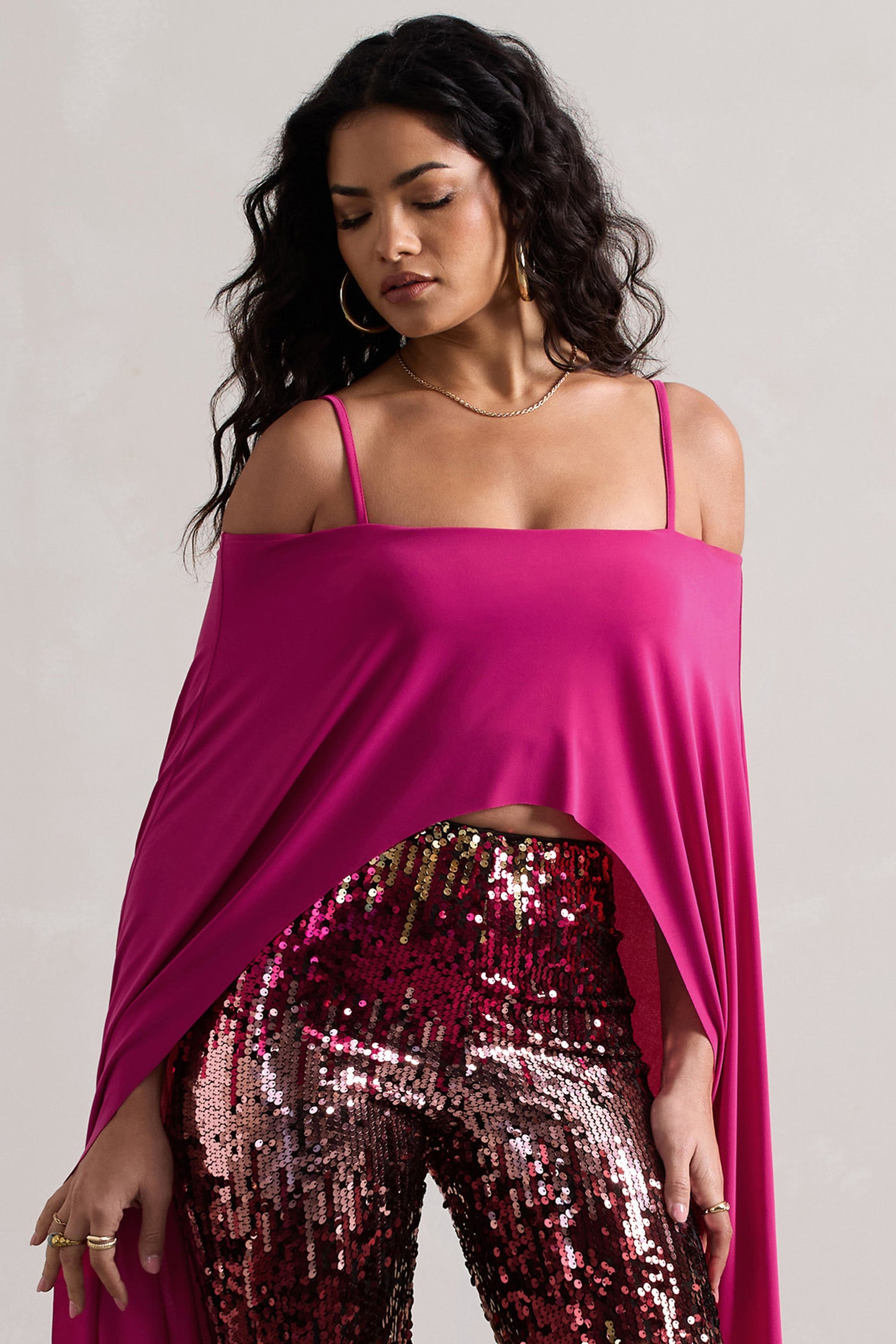Floyd | Dark Pink Bardot Cape Sleeve Crop Top - Club L London - AUS
