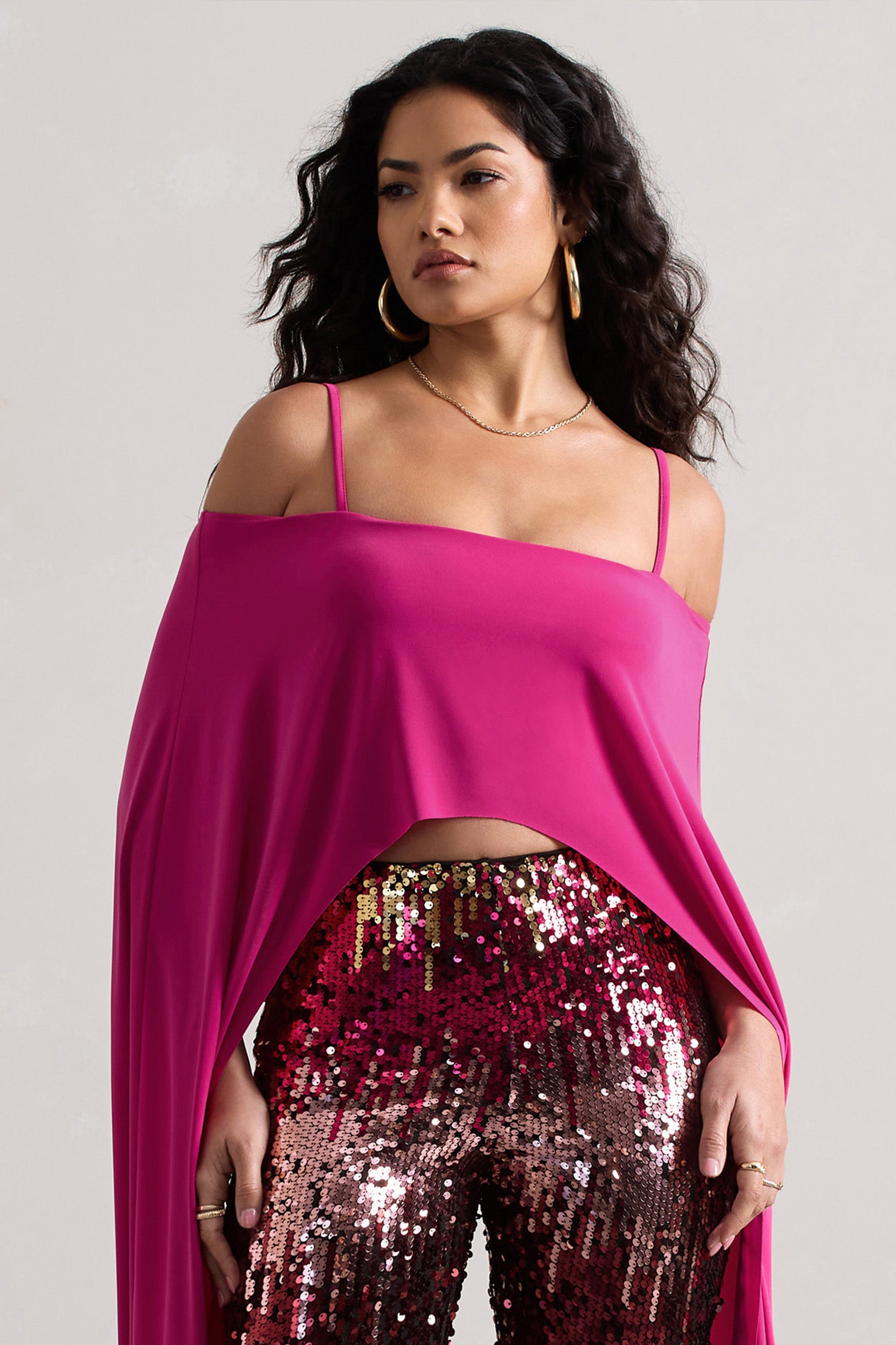 Floyd | Dark Pink Bardot Cape Sleeve Crop Top - Club L London - AUS