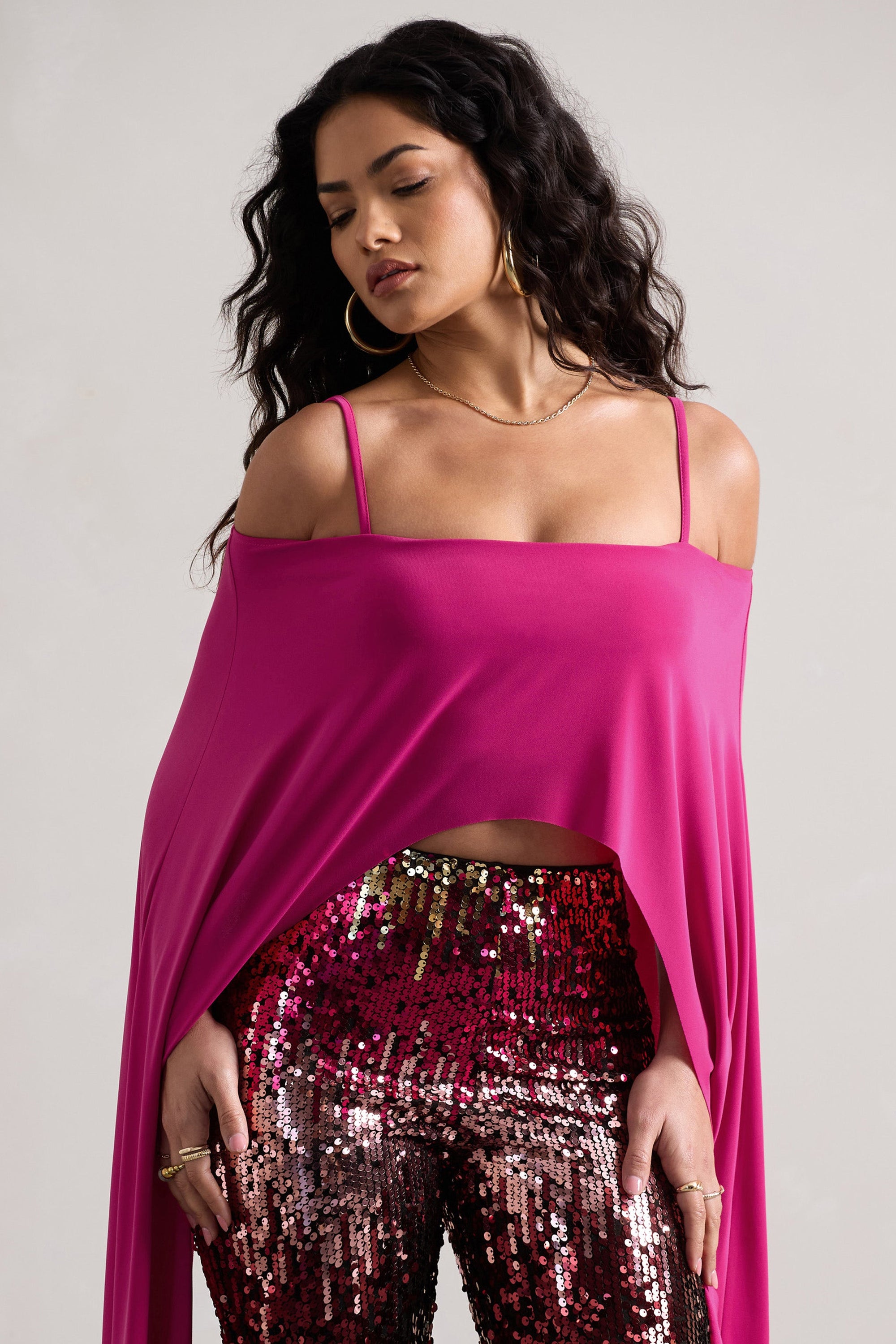 Floyd | Dark Pink Bardot Cape Sleeve Crop Top - Club L London - AUS
