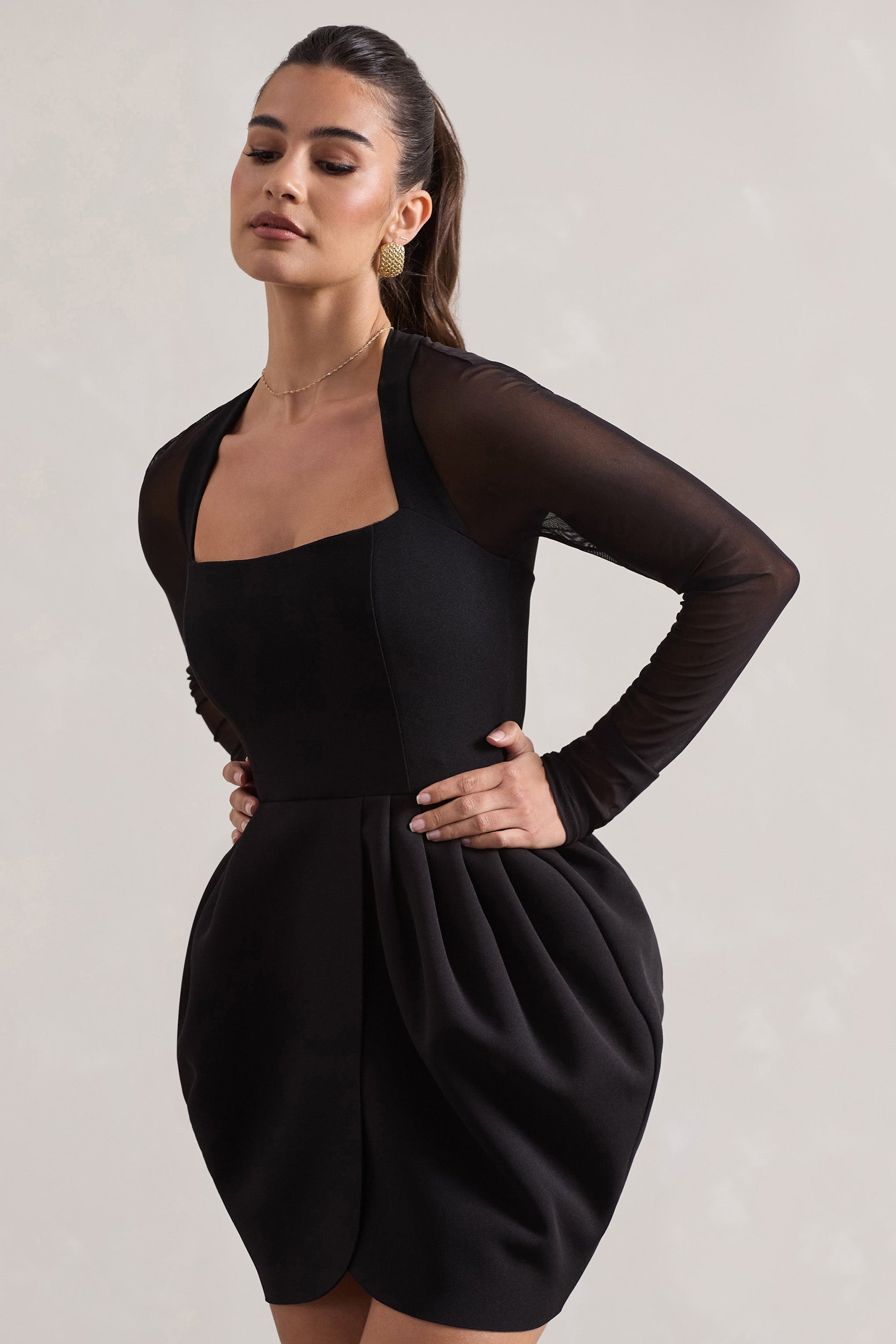 Alto | Black Square-Neck Mini Dress With Puff Skirt - Club L London - AUS