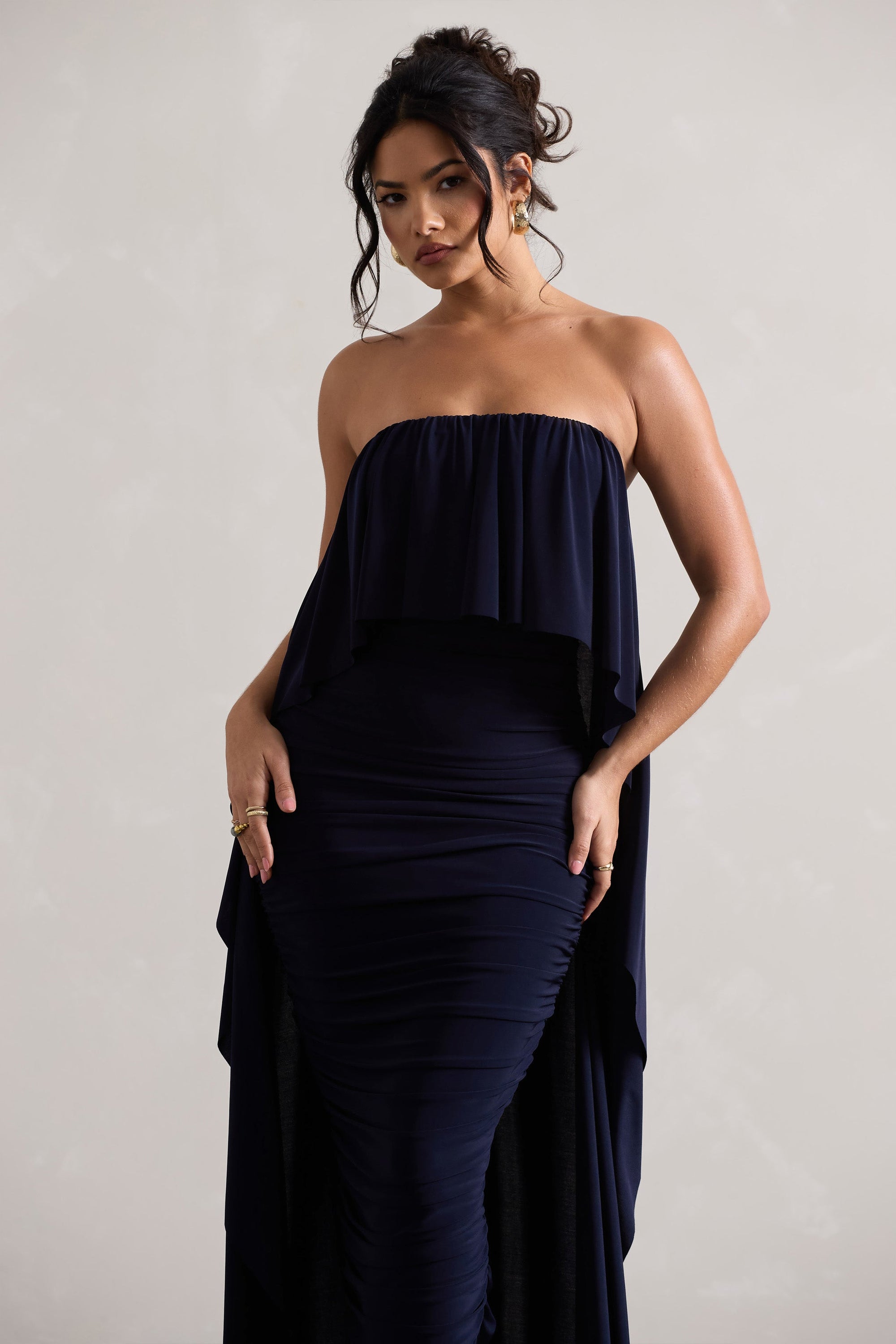 Upon A Time | Navy Ruched Bandeau Midi Dress With Cape - Club L London - AUS