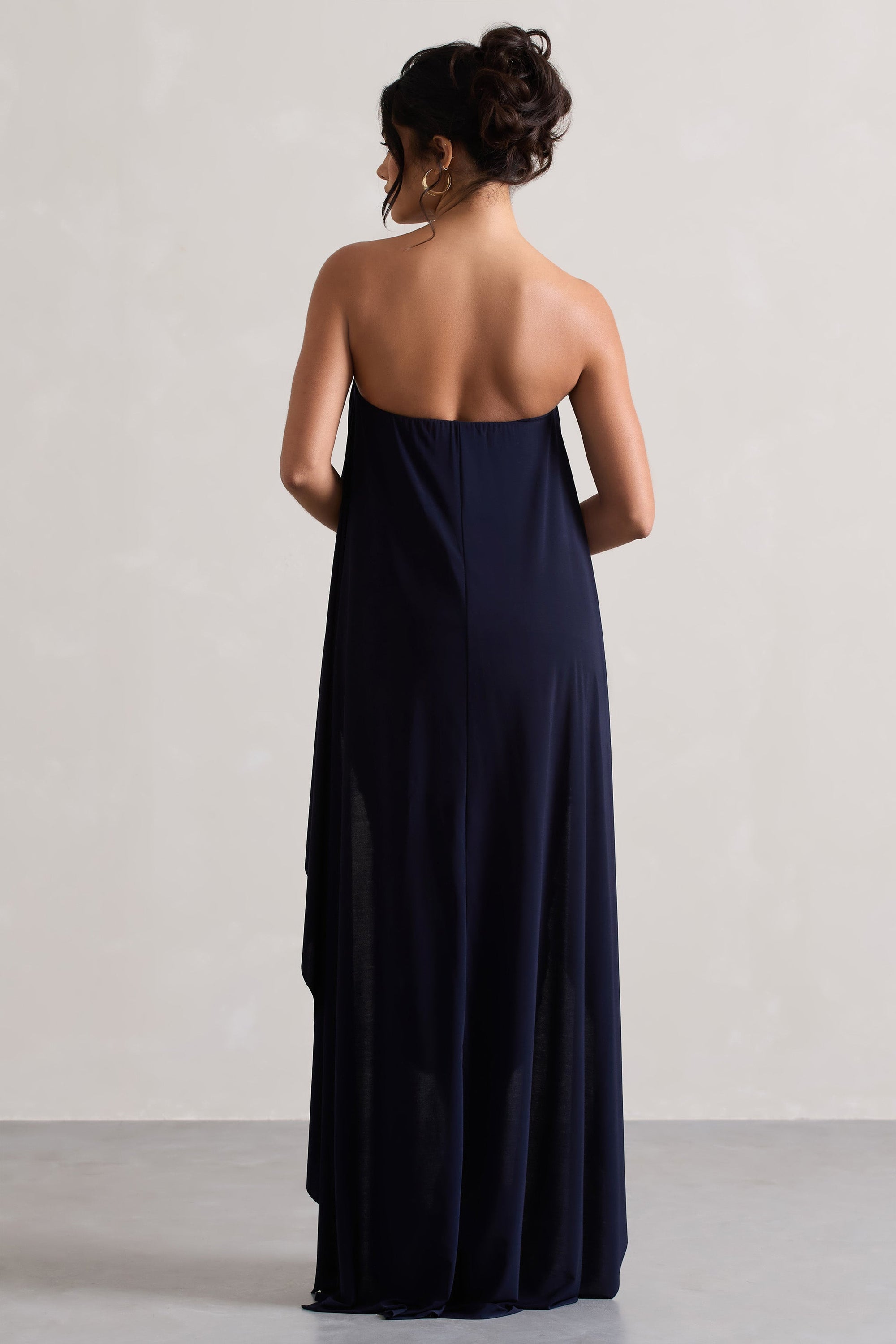 Upon A Time | Navy Ruched Bandeau Midi Dress With Cape - Club L London - AUS