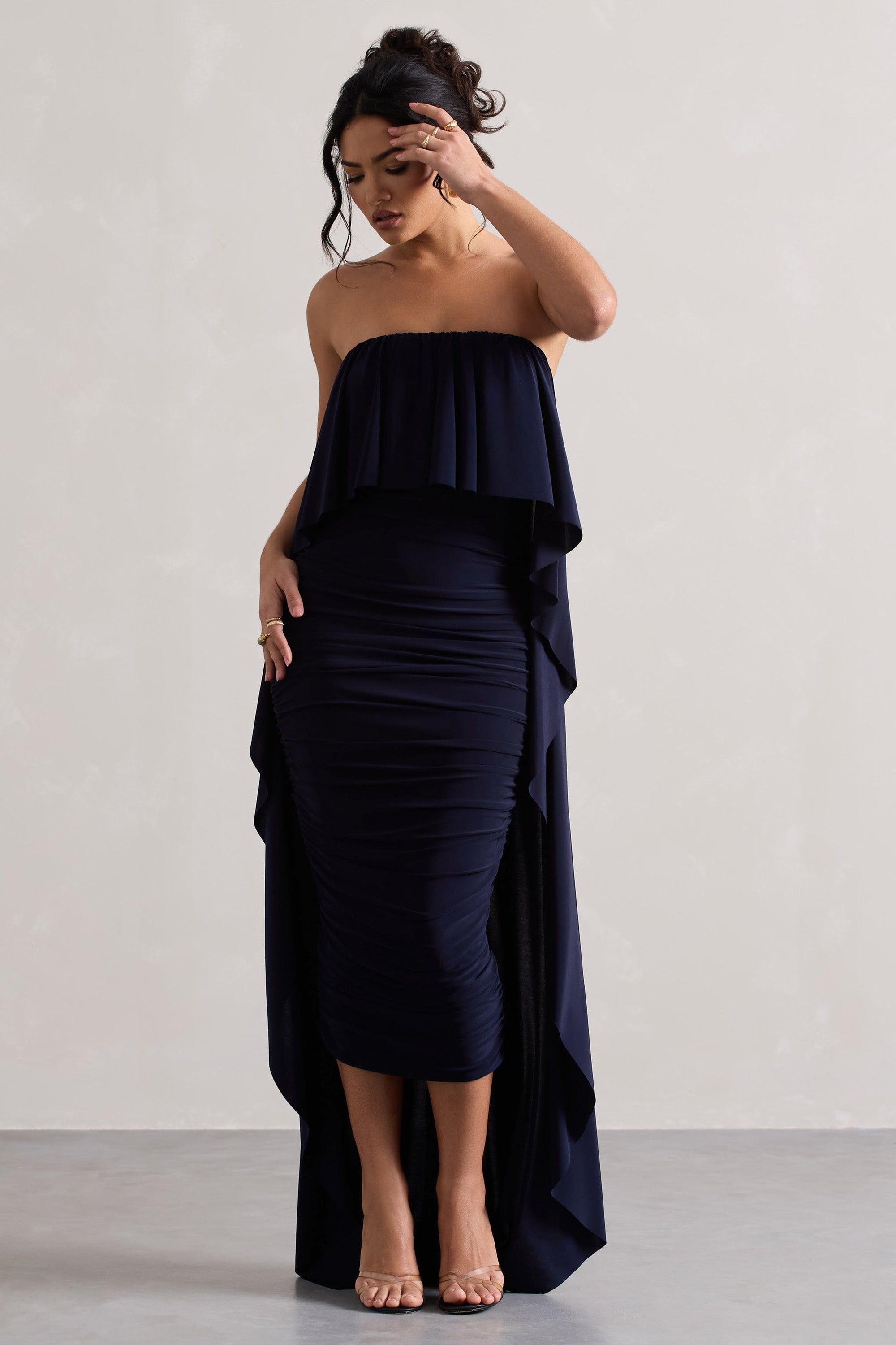Upon A Time | Navy Ruched Bandeau Midi Dress With Cape - Club L London - AUS