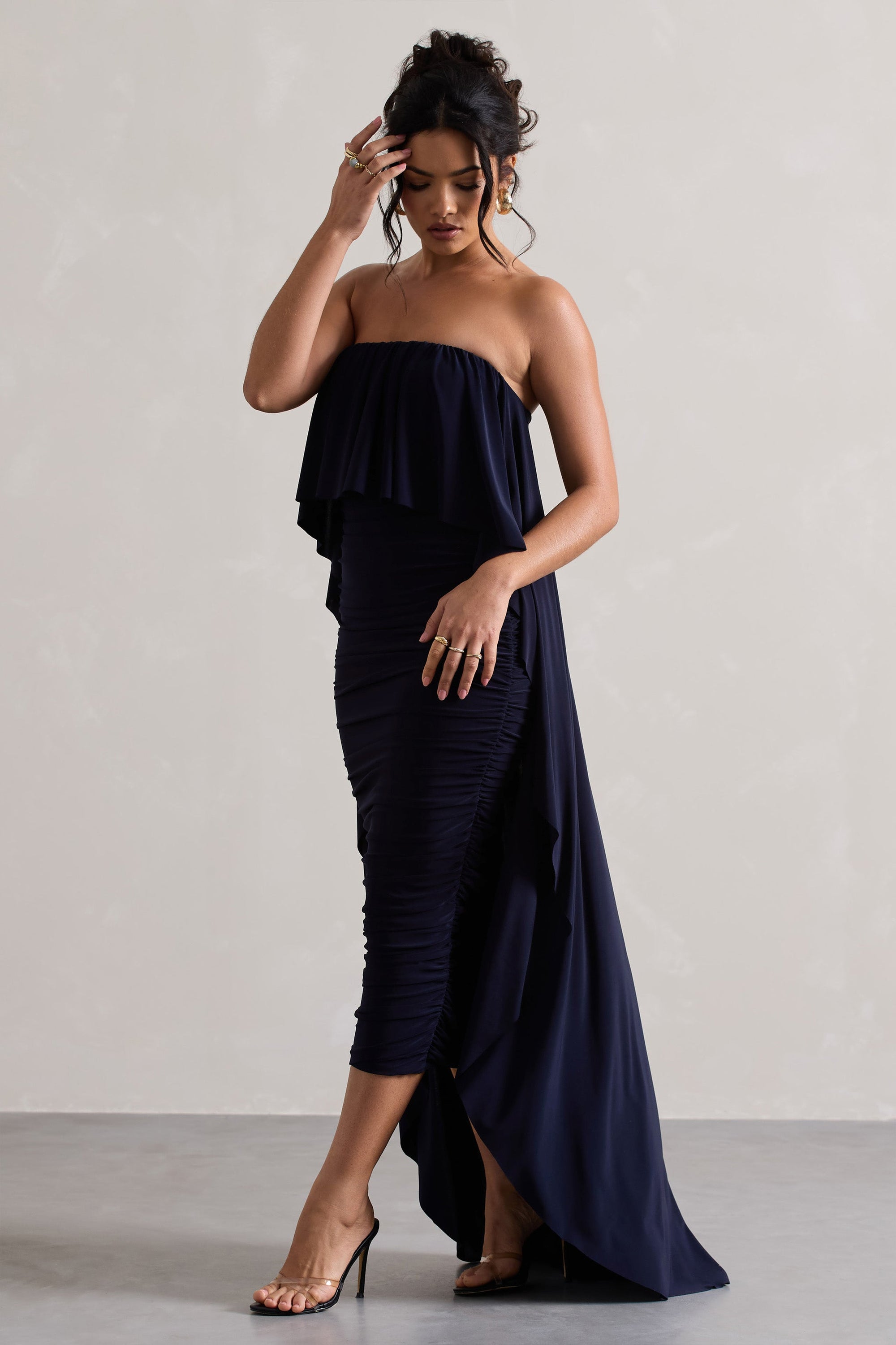 Upon A Time | Navy Ruched Bandeau Midi Dress With Cape - Club L London - AUS