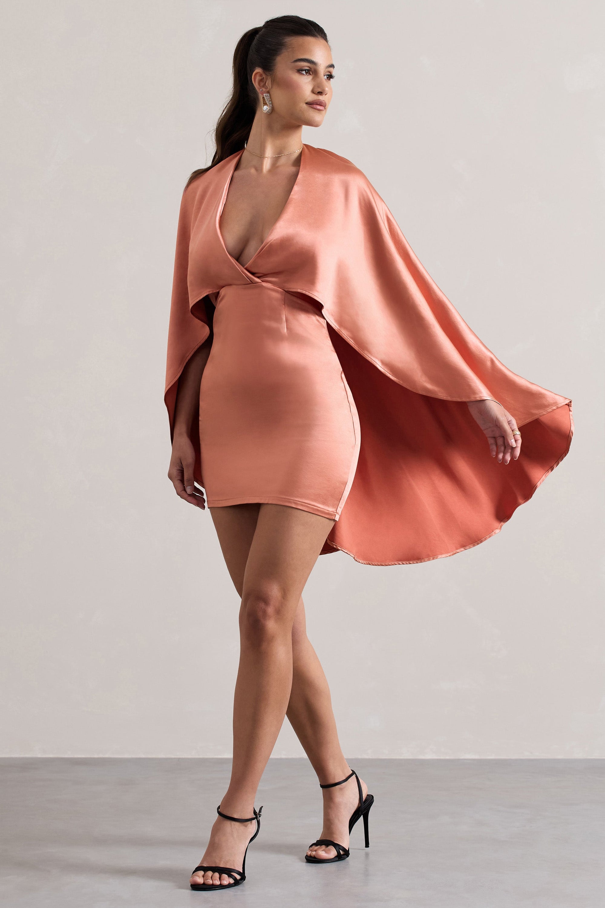 Olsen | Coral Satin Plunge-Neck Cape Mini Dress - Club L London - AUS