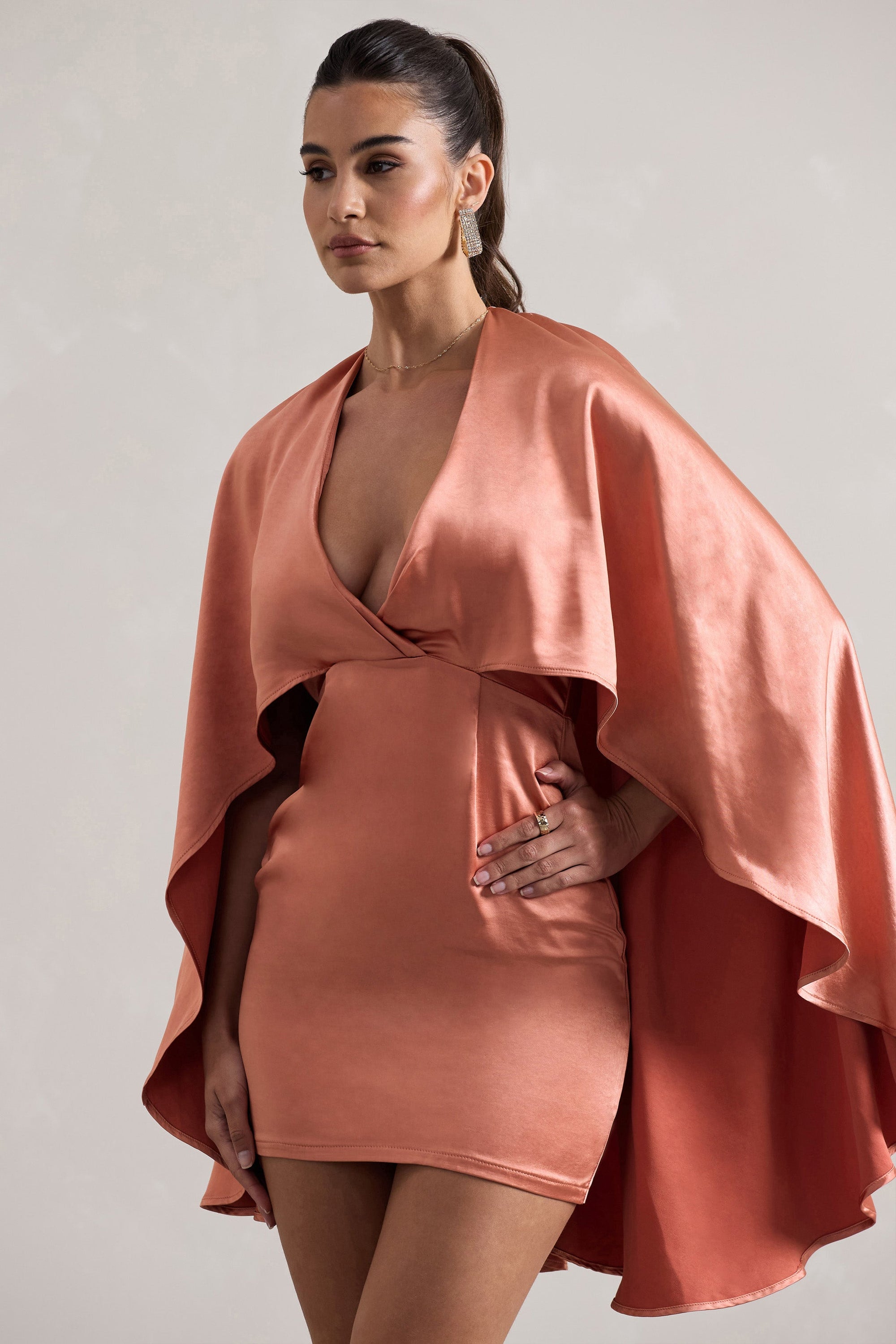 Olsen | Coral Satin Plunge-Neck Cape Mini Dress - Club L London - AUS