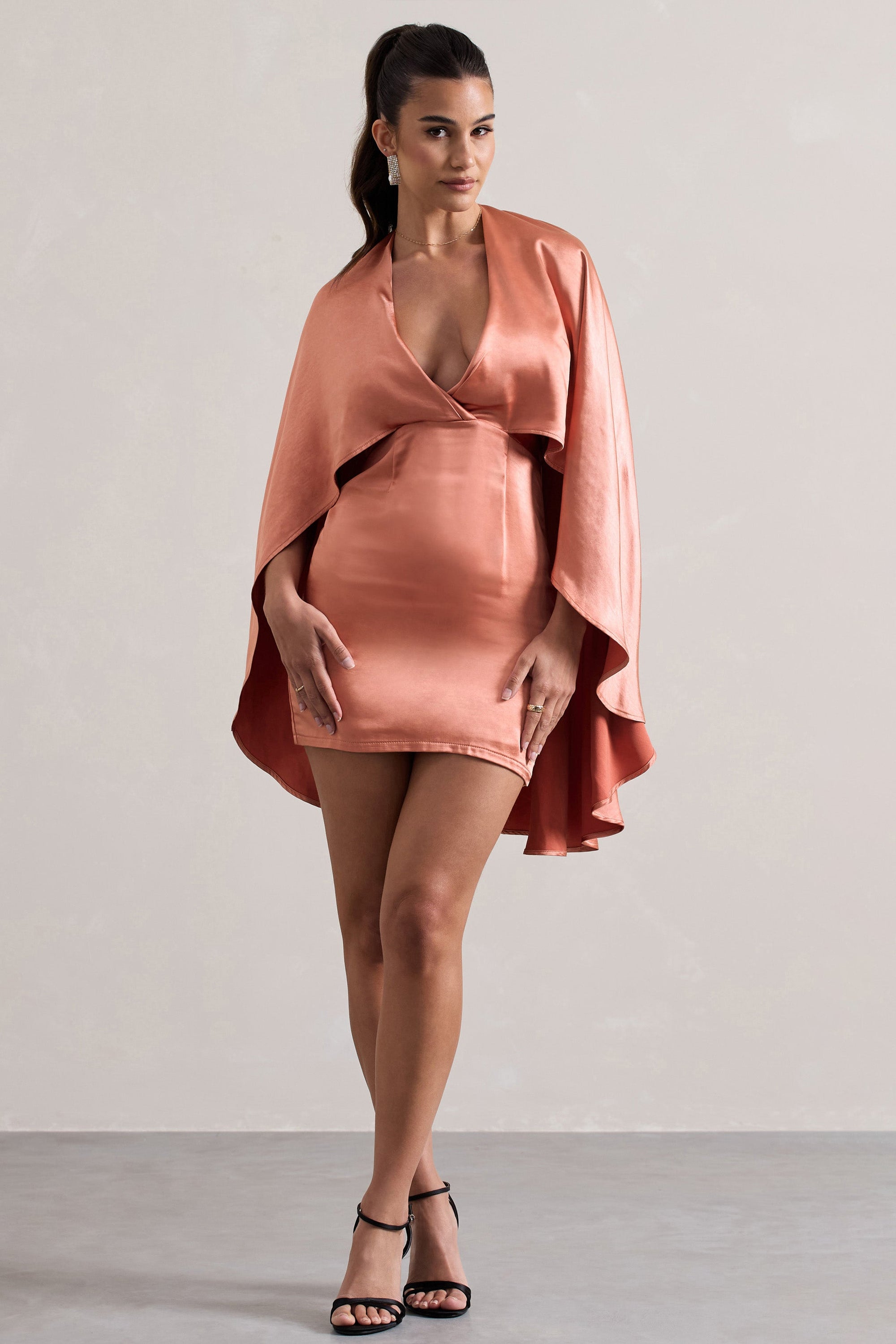 Olsen | Coral Satin Plunge-Neck Cape Mini Dress - Club L London - AUS