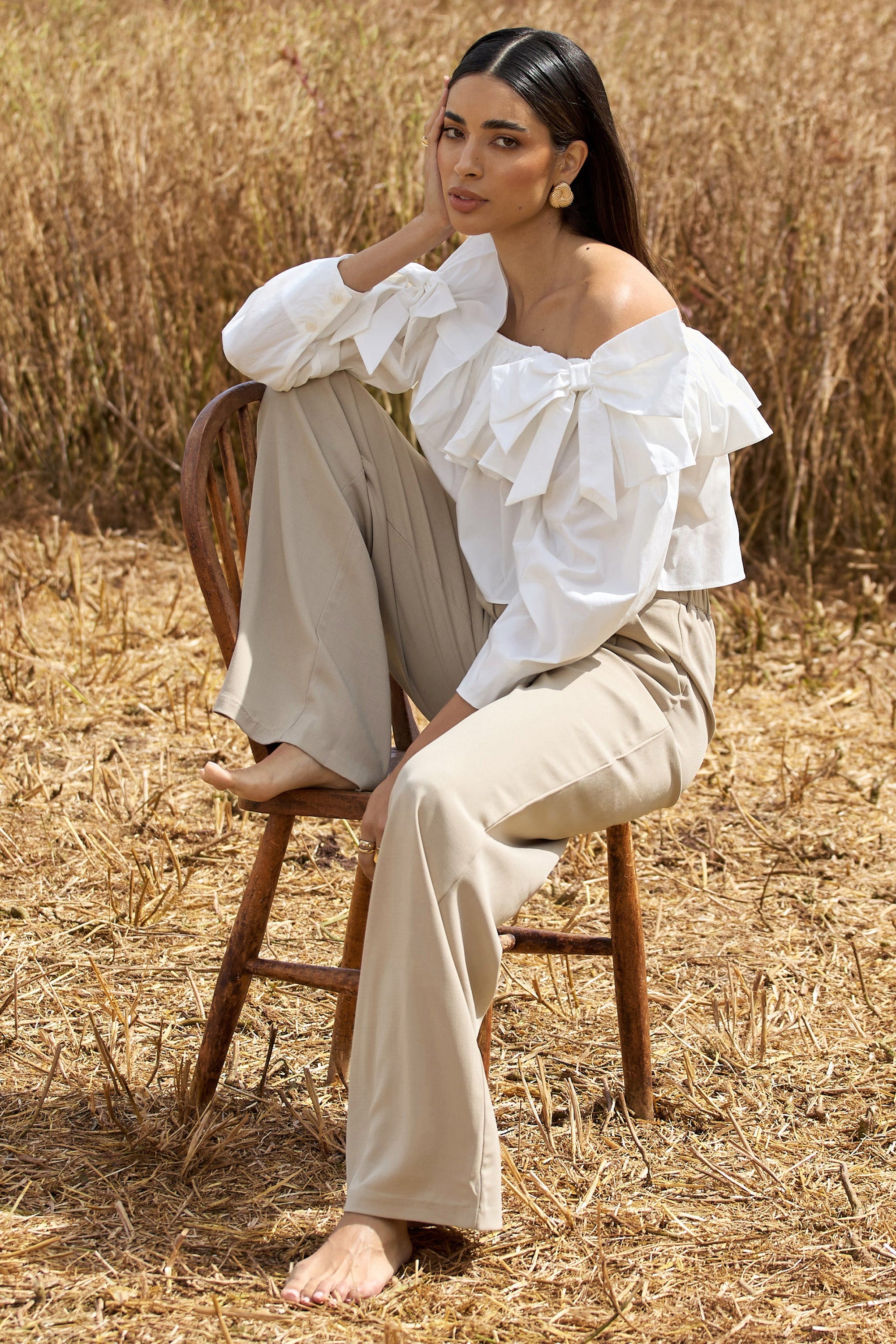 Cove | White Bardot Puff-Sleeve Ruffle Top With Bows - Club L London - AUS