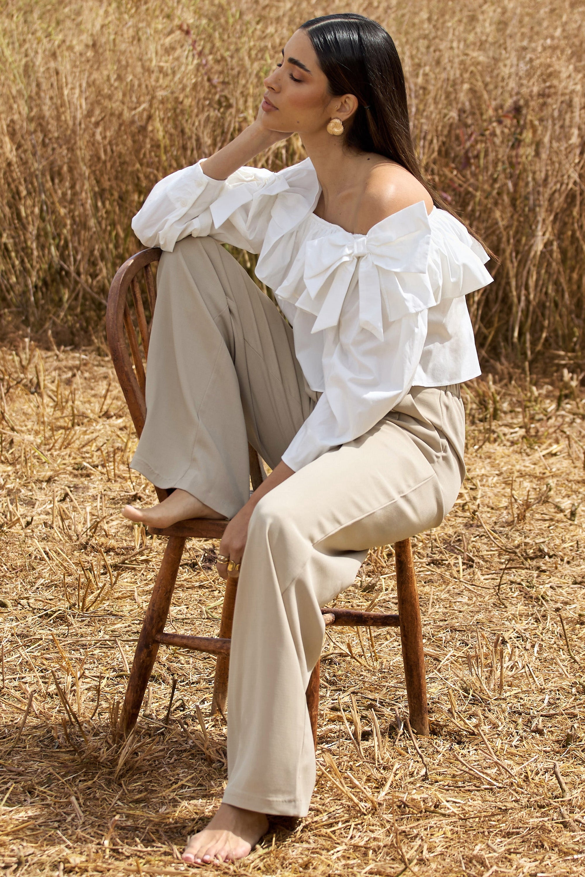 Cove | White Bardot Puff-Sleeve Ruffle Top With Bows - Club L London - AUS