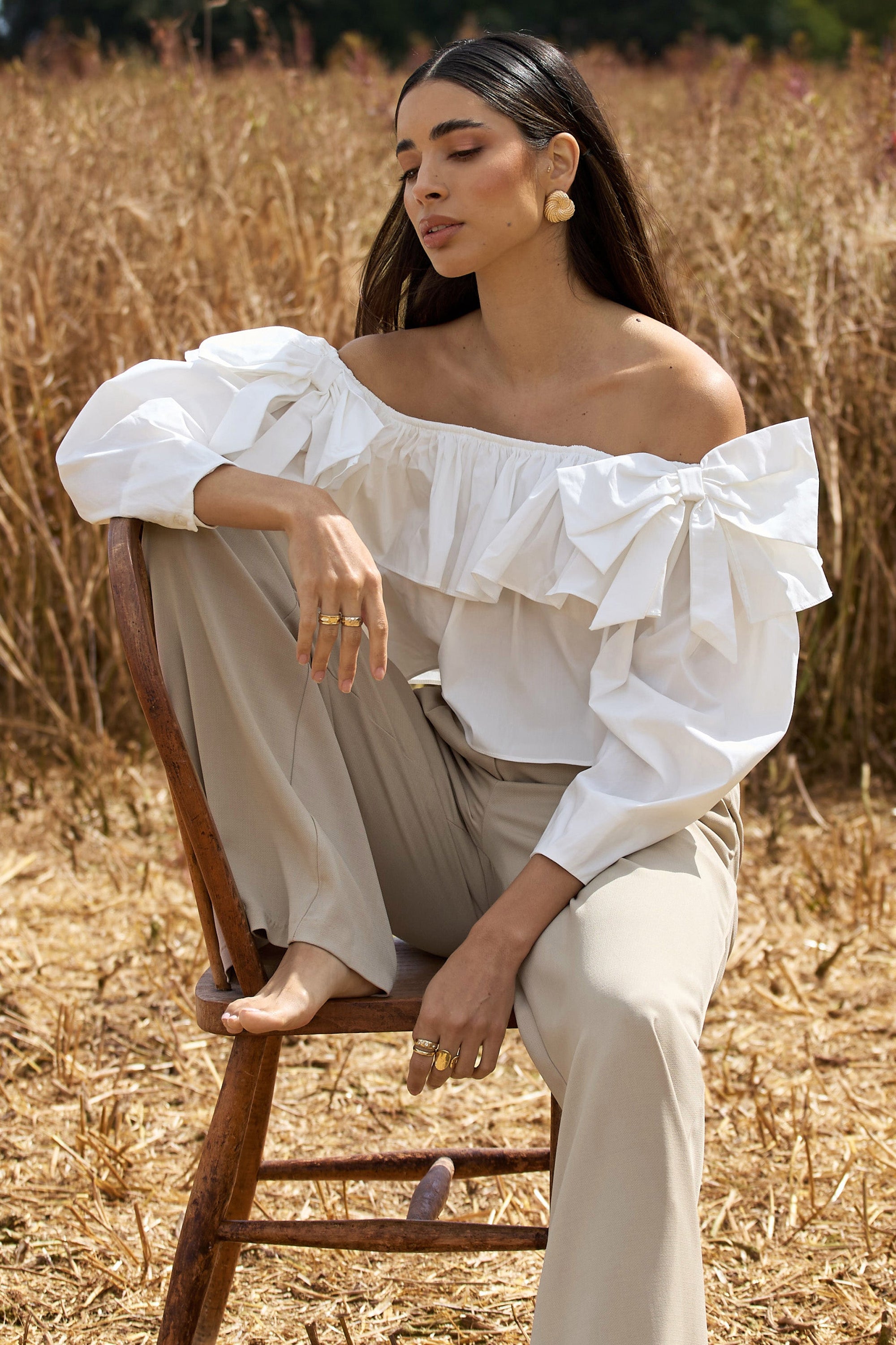 Cove | White Bardot Puff-Sleeve Ruffle Top With Bows - Club L London - AUS