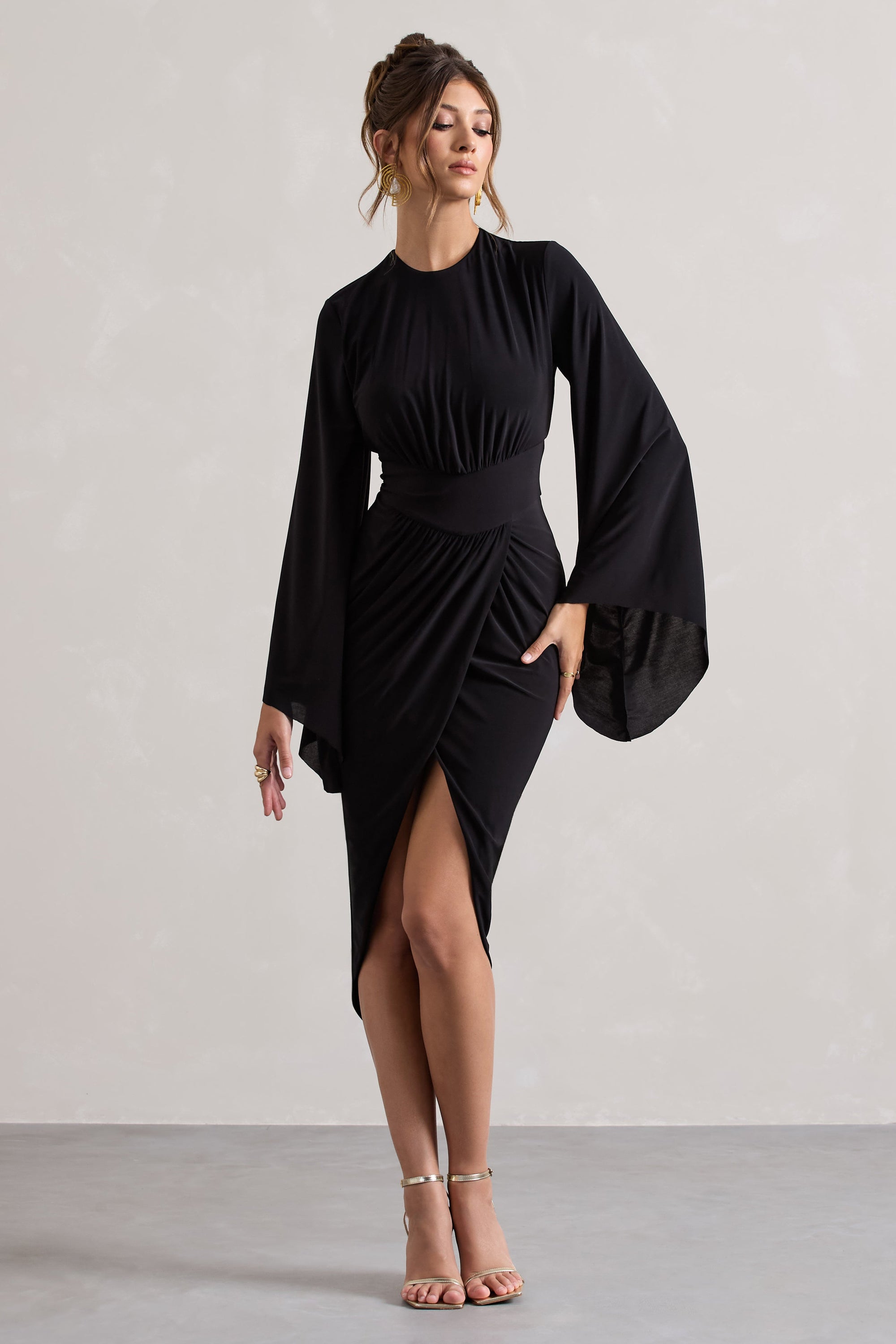 Lennox | Black Drape-Sleeve Gathered Midi Dress - Club L London - AUS
