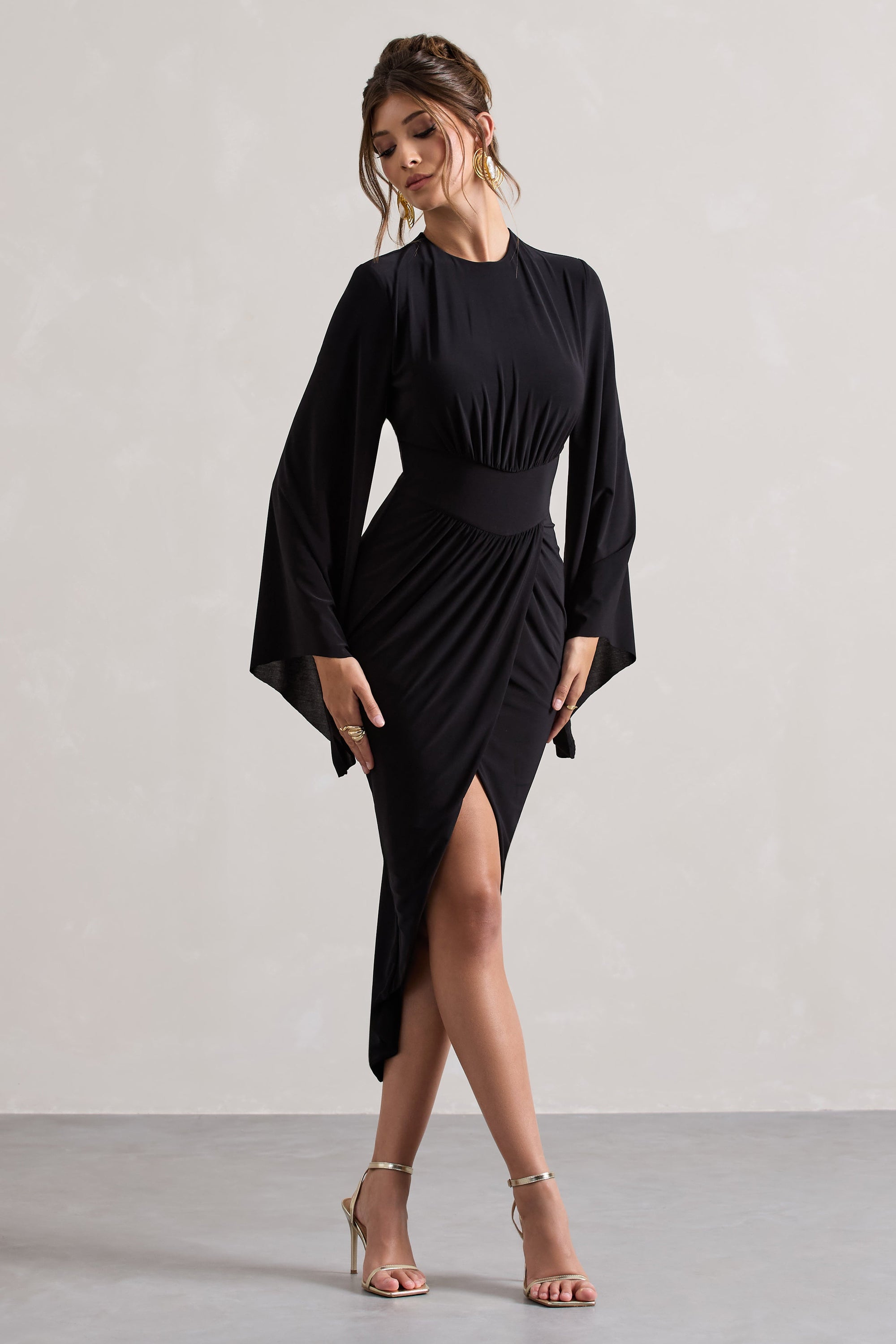 Lennox | Black Drape-Sleeve Gathered Midi Dress - Club L London - AUS