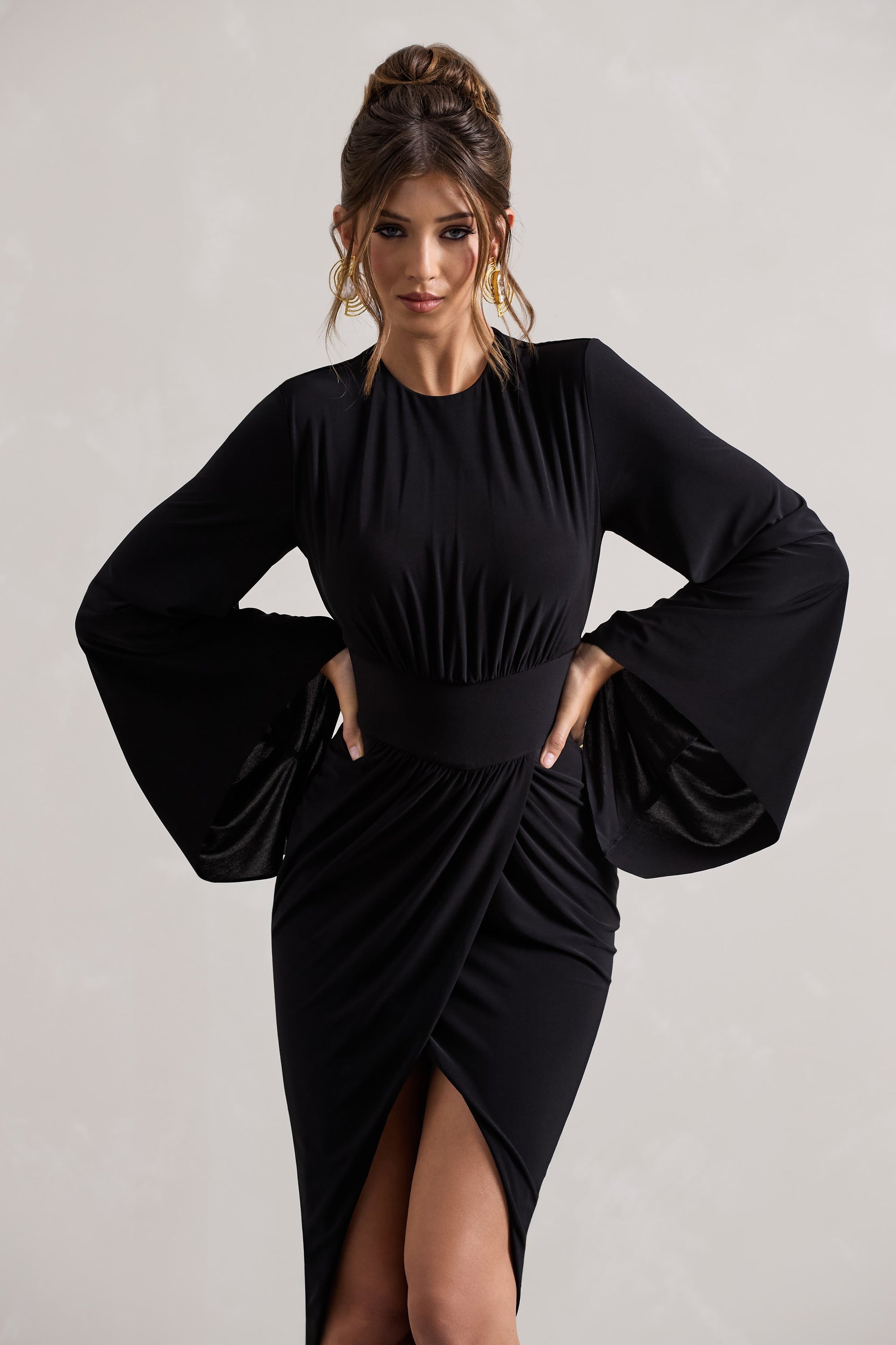 Lennox | Black Drape-Sleeve Gathered Midi Dress - Club L London - AUS