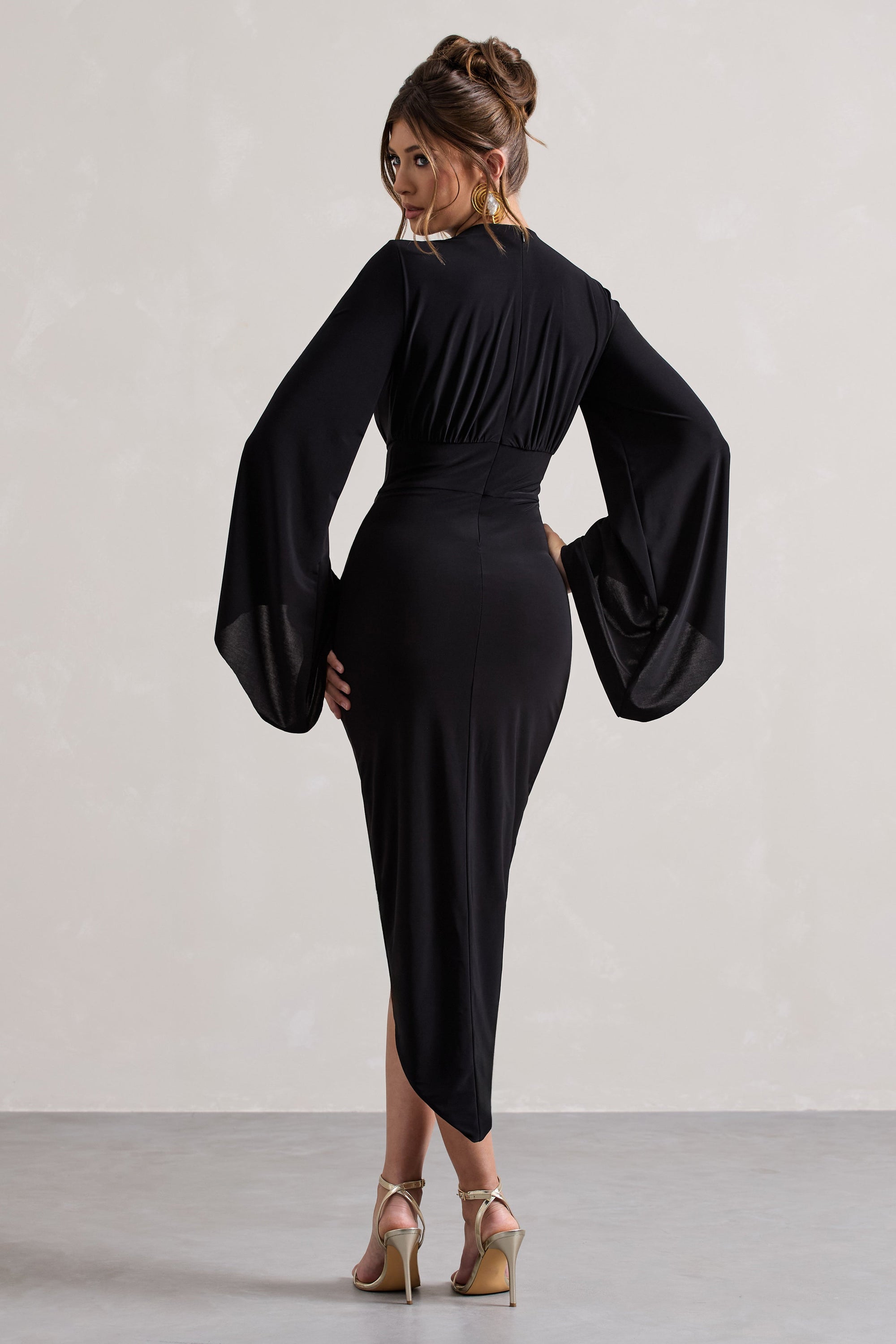 Lennox | Black Drape-Sleeve Gathered Midi Dress - Club L London - AUS