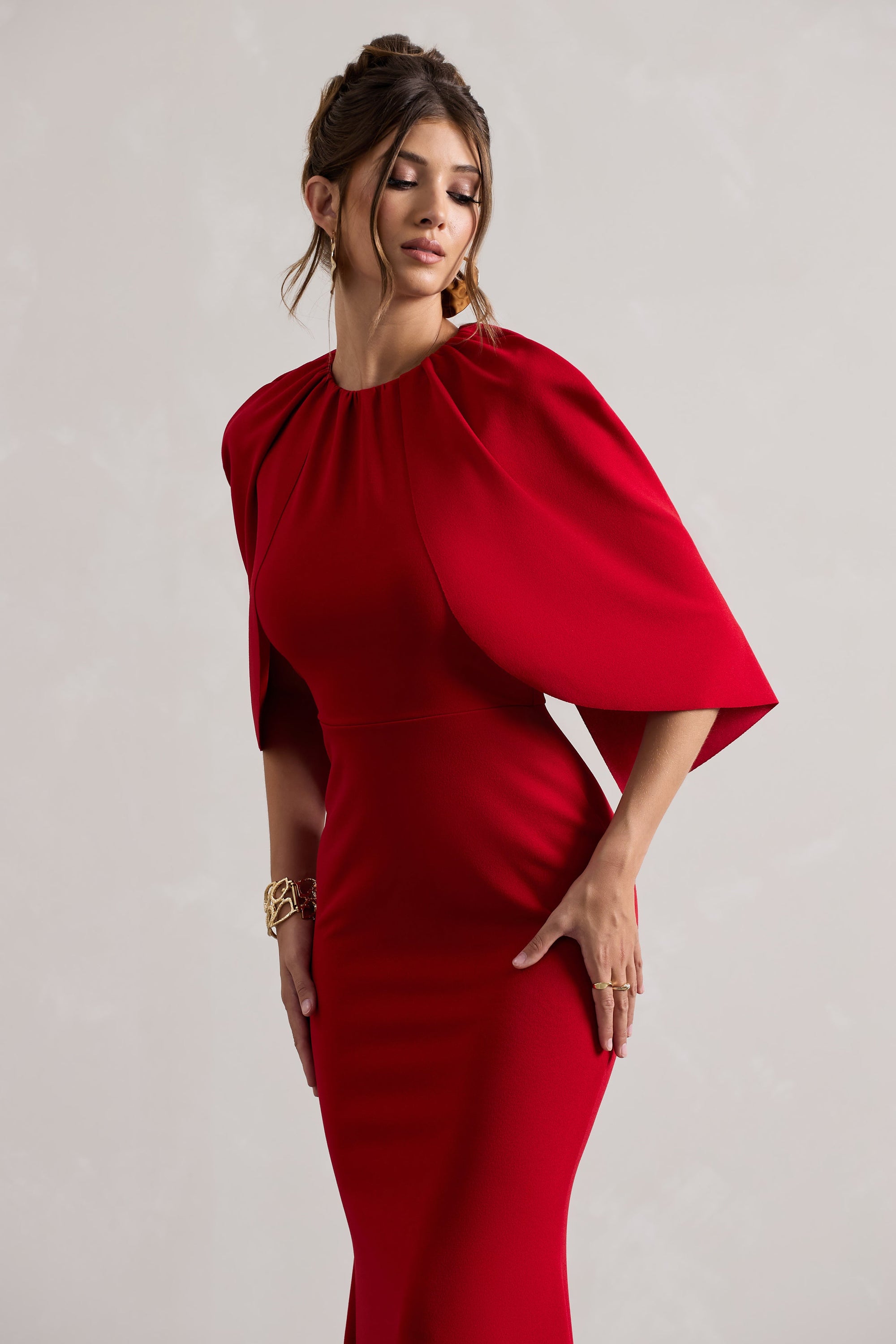 Kianne | Red Draped Short-Sleeve Maxi Dress - Club L London - AUS