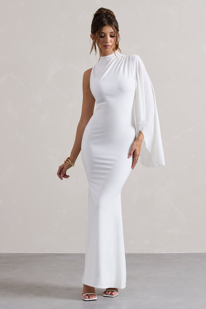 Samaya White High-Neck Cape-Sleeve Maxi Dress – Club L London AUS