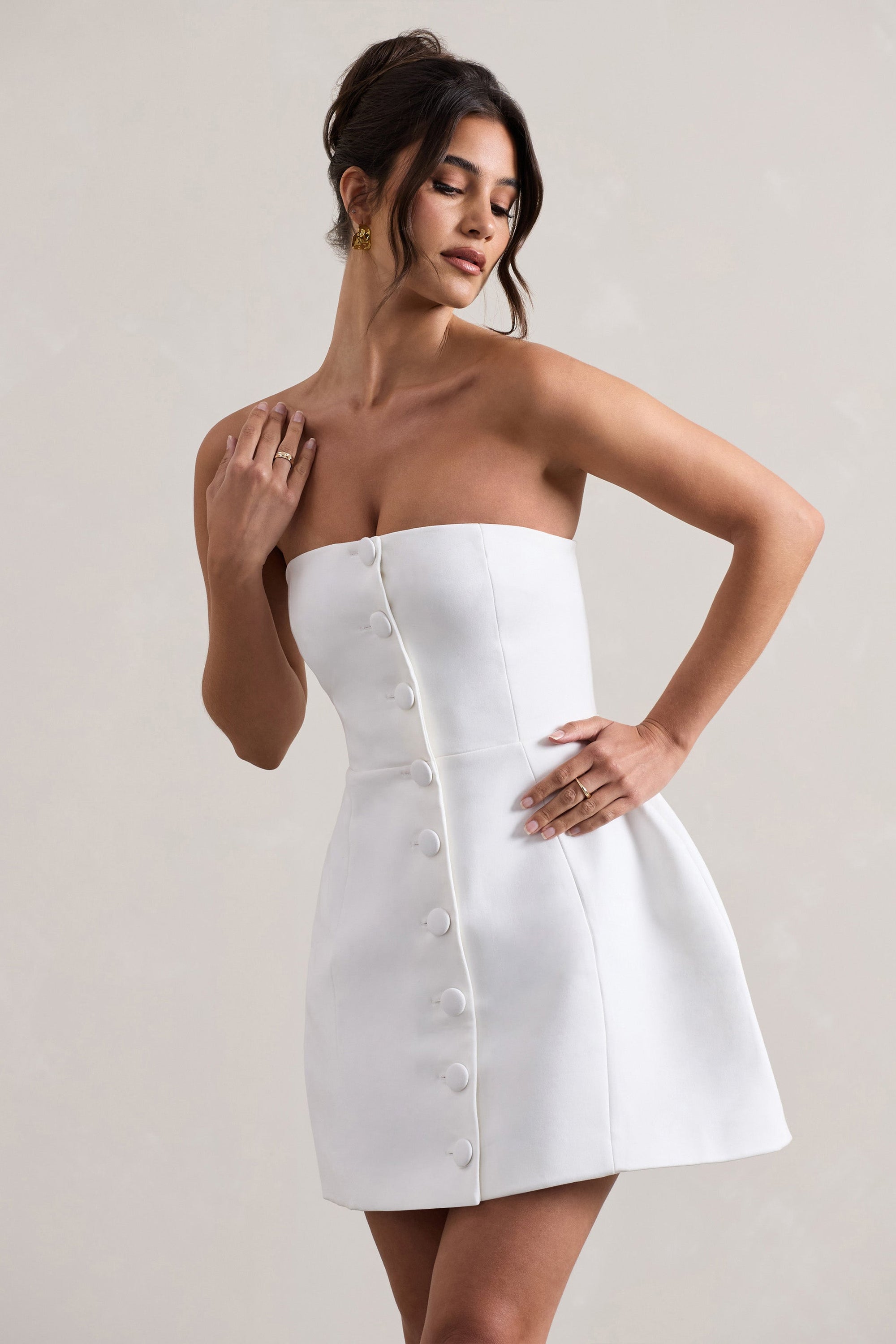 Anniston | White Bandeau Tailored Buttoned Mini Dress - Club L London - AUS