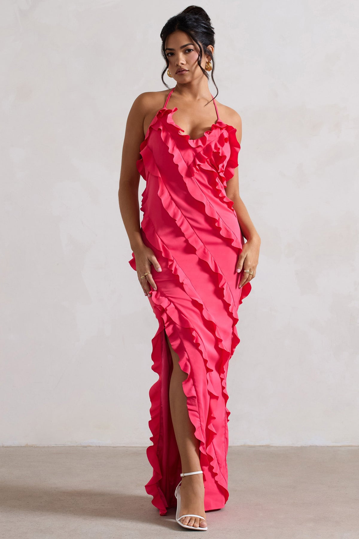 Full On | Hot Pink V-Neck Ruffle Maxi Dress - Club L London - AUS