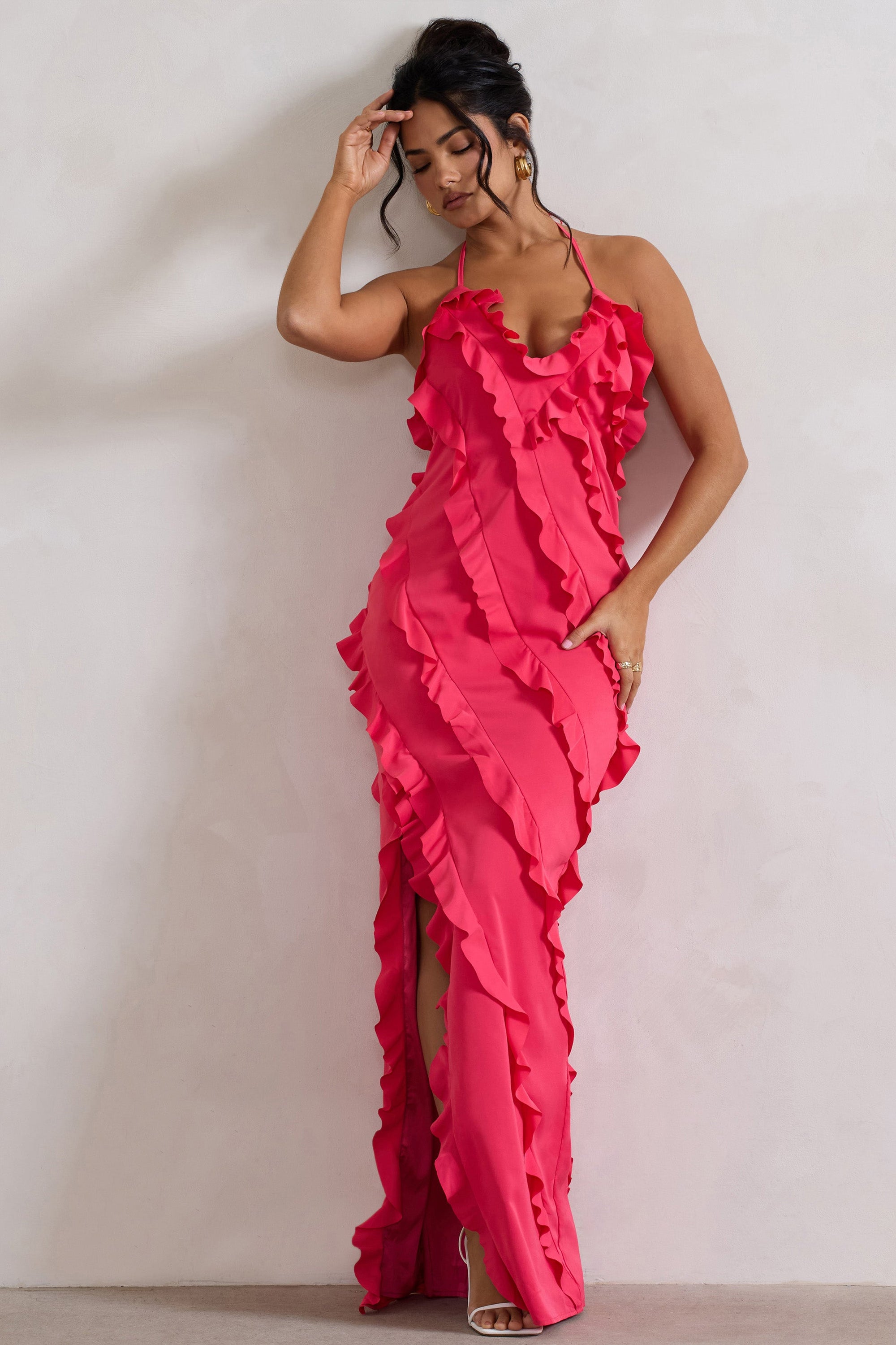 Full On | Hot Pink V-Neck Ruffle Maxi Dress Club L London - AUS Full On | Hot Pink V-Neck Ruffle Maxi Dress Club L London - AUS