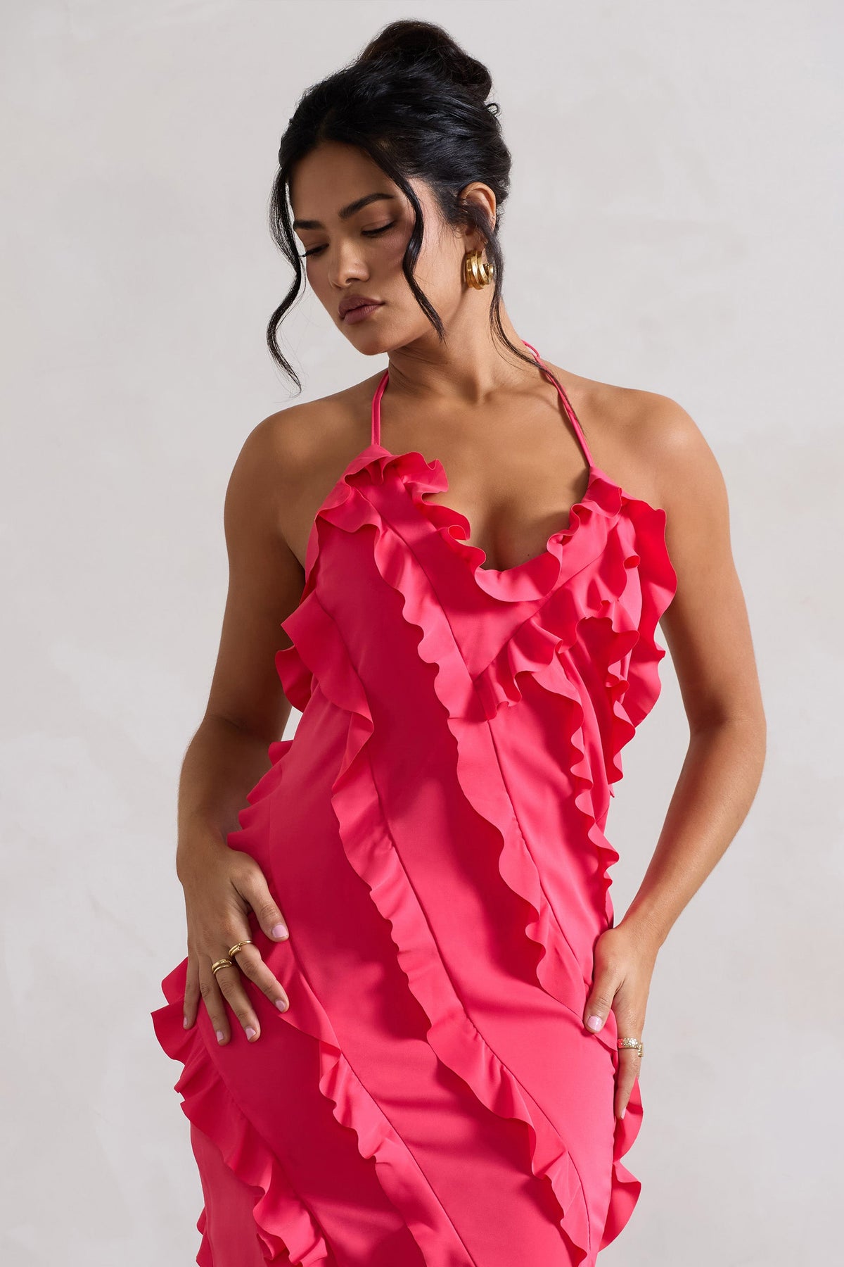 Full On | Hot Pink V-Neck Ruffle Maxi Dress - Club L London - AUS