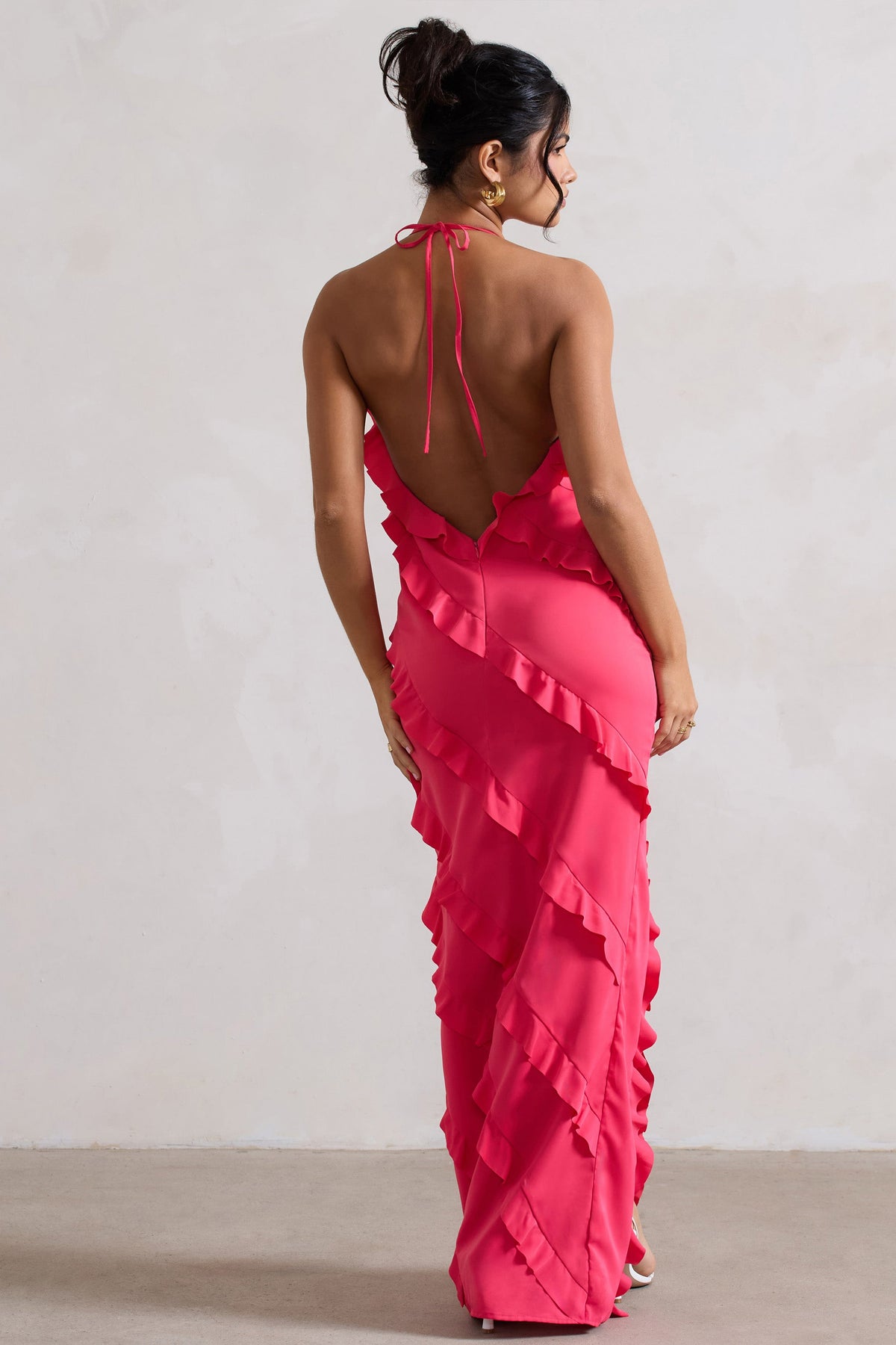 Full On | Hot Pink V-Neck Ruffle Maxi Dress - Club L London - AUS