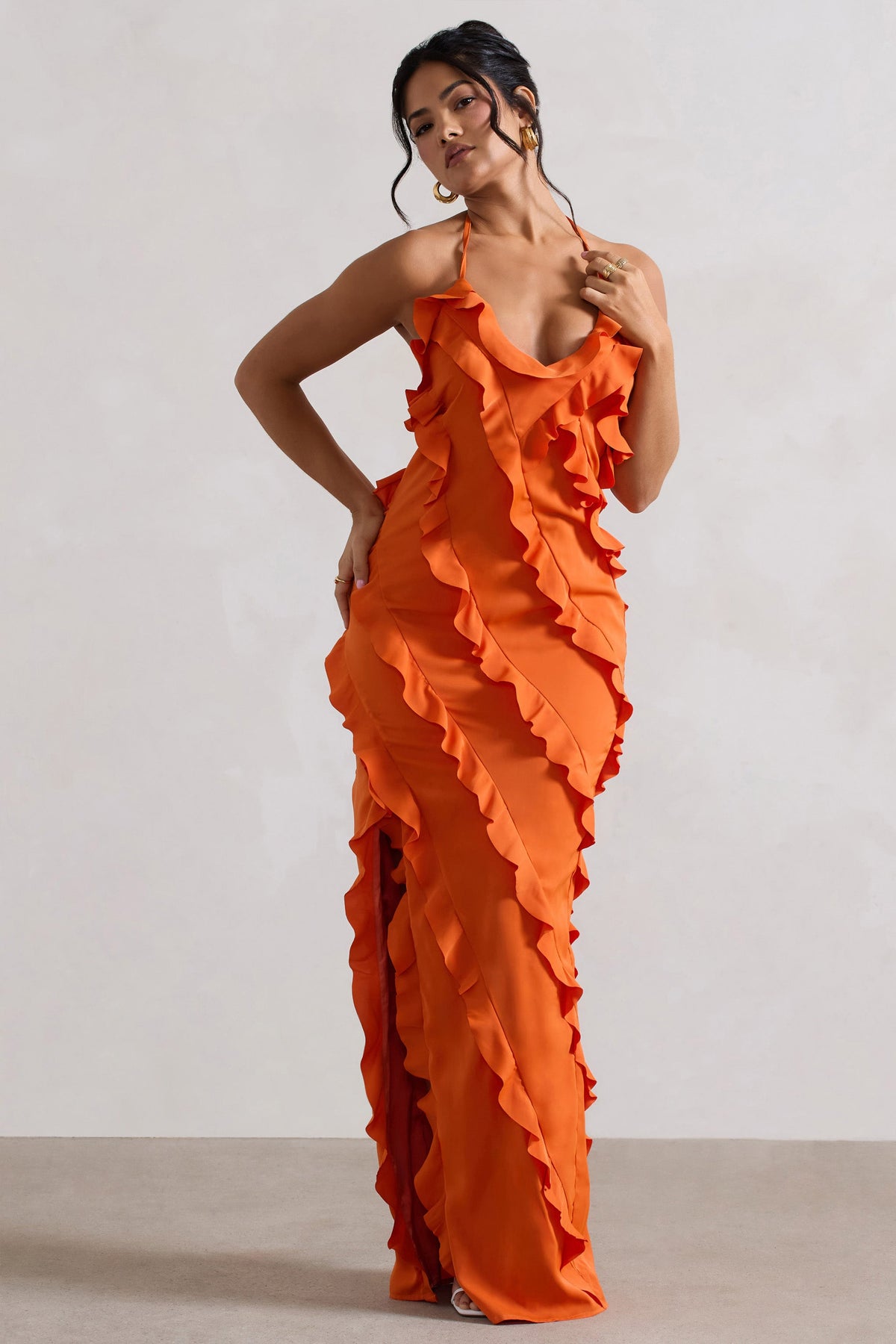 Full On | Orange V-Neck Ruffle Maxi Dress - Club L London - AUS