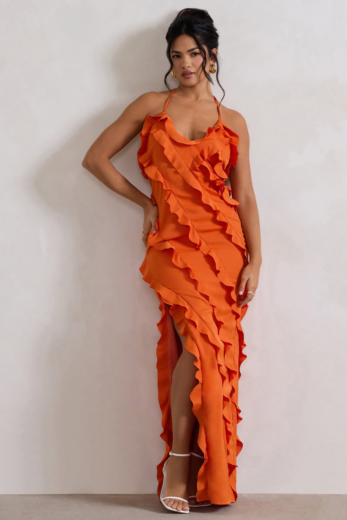 Full On | Orange V-Neck Ruffle Maxi Dress - Club L London - AUS
