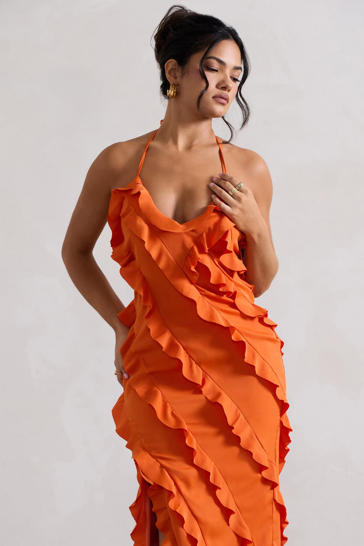 Full On | Orange V-Neck Ruffle Maxi Dress - Club L London - AUS