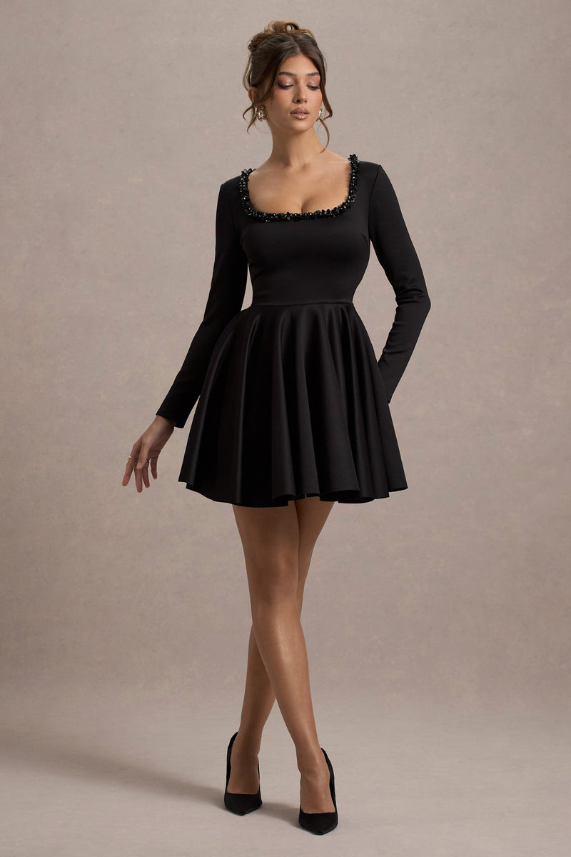 Wilder Black Embellished Square-Neck Long-Sleeve Skater Mini Dress
