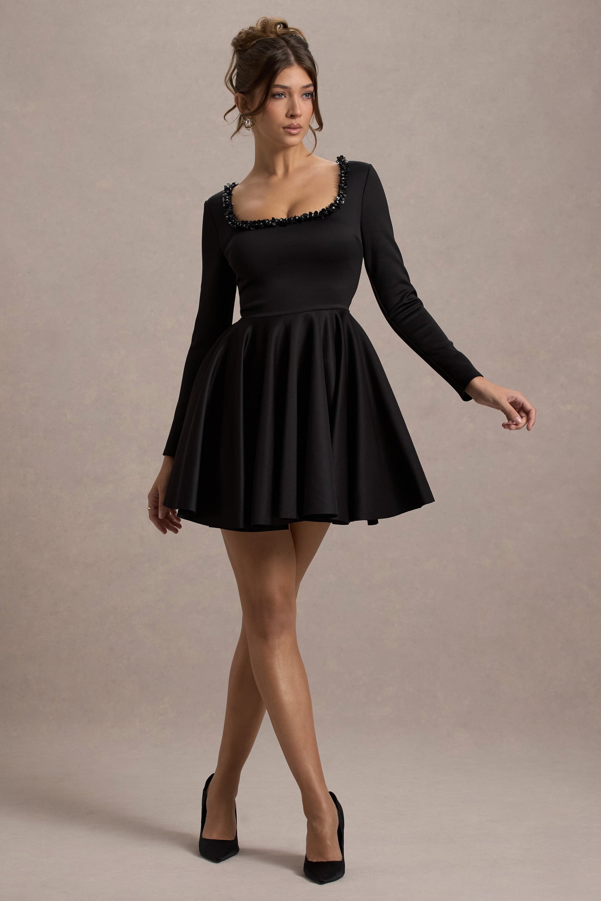 Wilder | Black Embellished Square-Neck Long-Sleeve Skater Mini Dress - Club L London - AUS