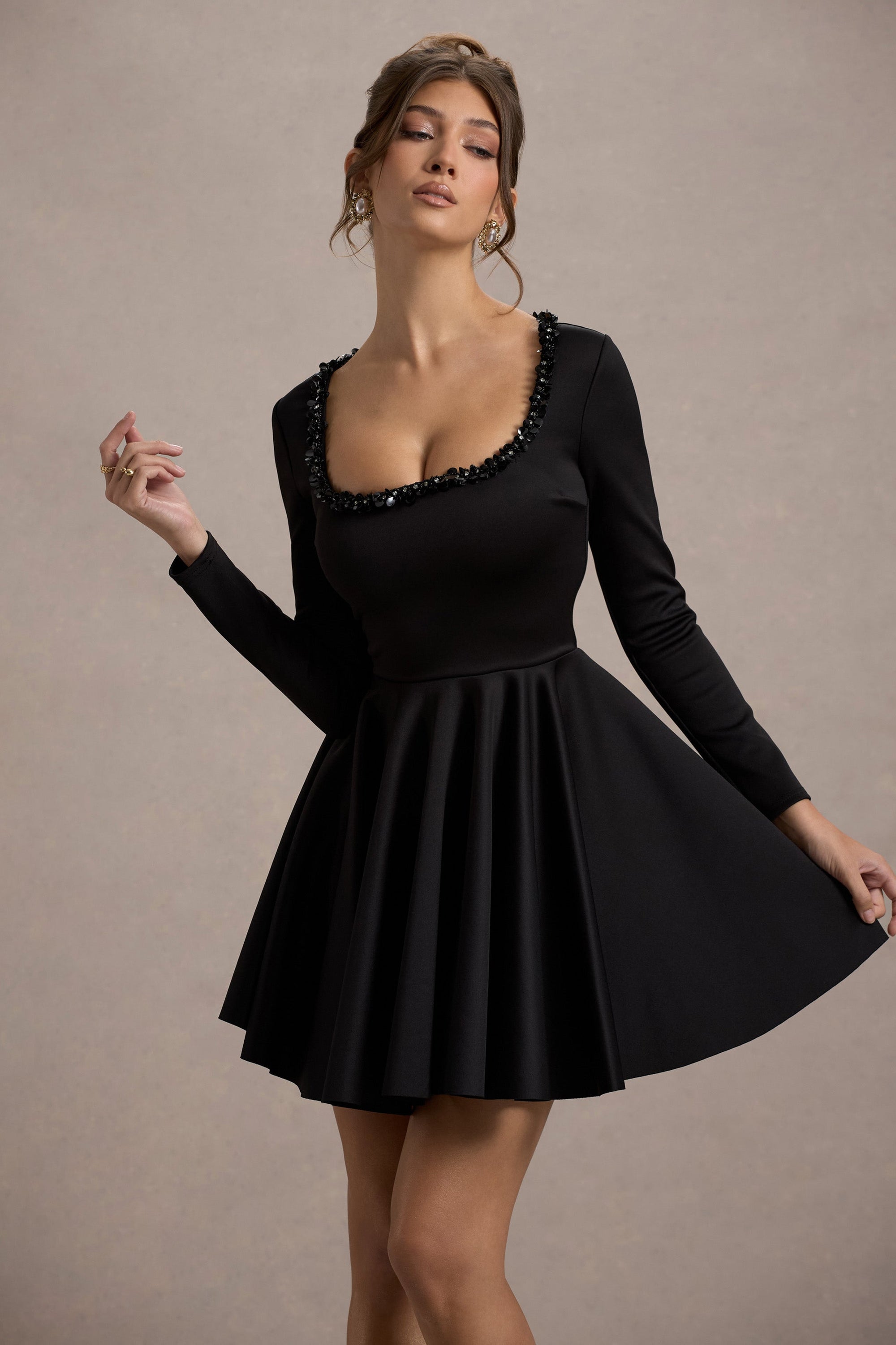 Wilder | Black Embellished Square-Neck Long-Sleeve Skater Mini Dress - Club L London - AUS