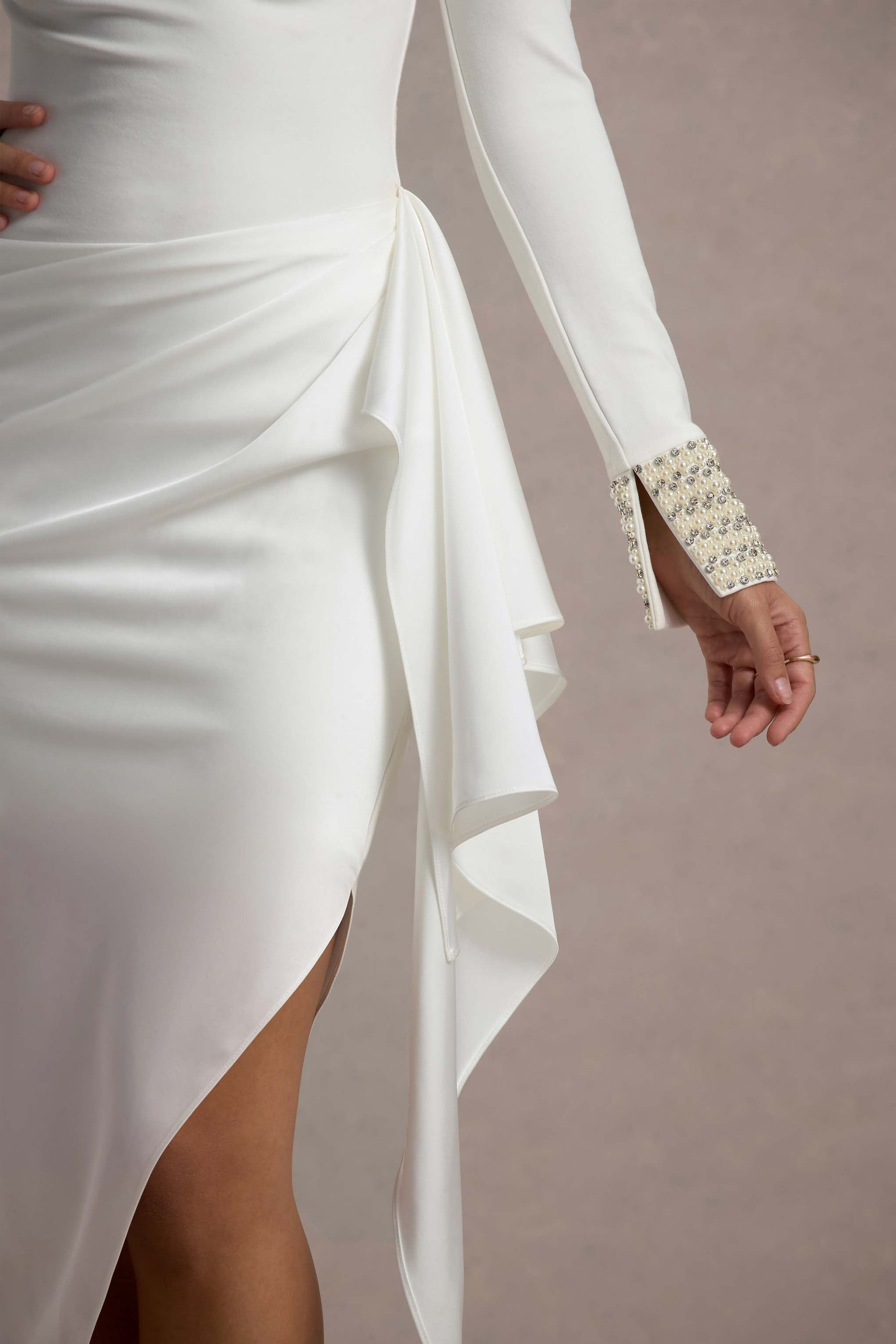 Luanna | Ecru Satin Long-Sleeve Midi Dress With Draped Skirt And Embellished Cuffs - Club L London - AUS