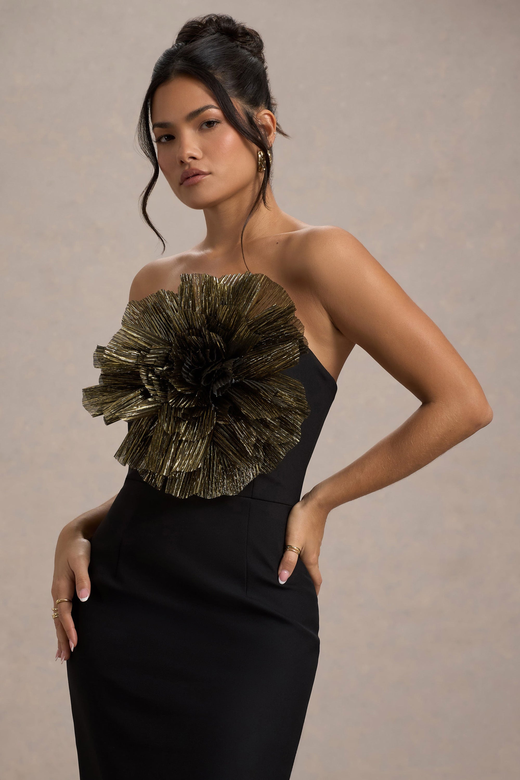 Moya | Black & Gold Bodycon Midi Dress With Corsage Detail – Club L London 