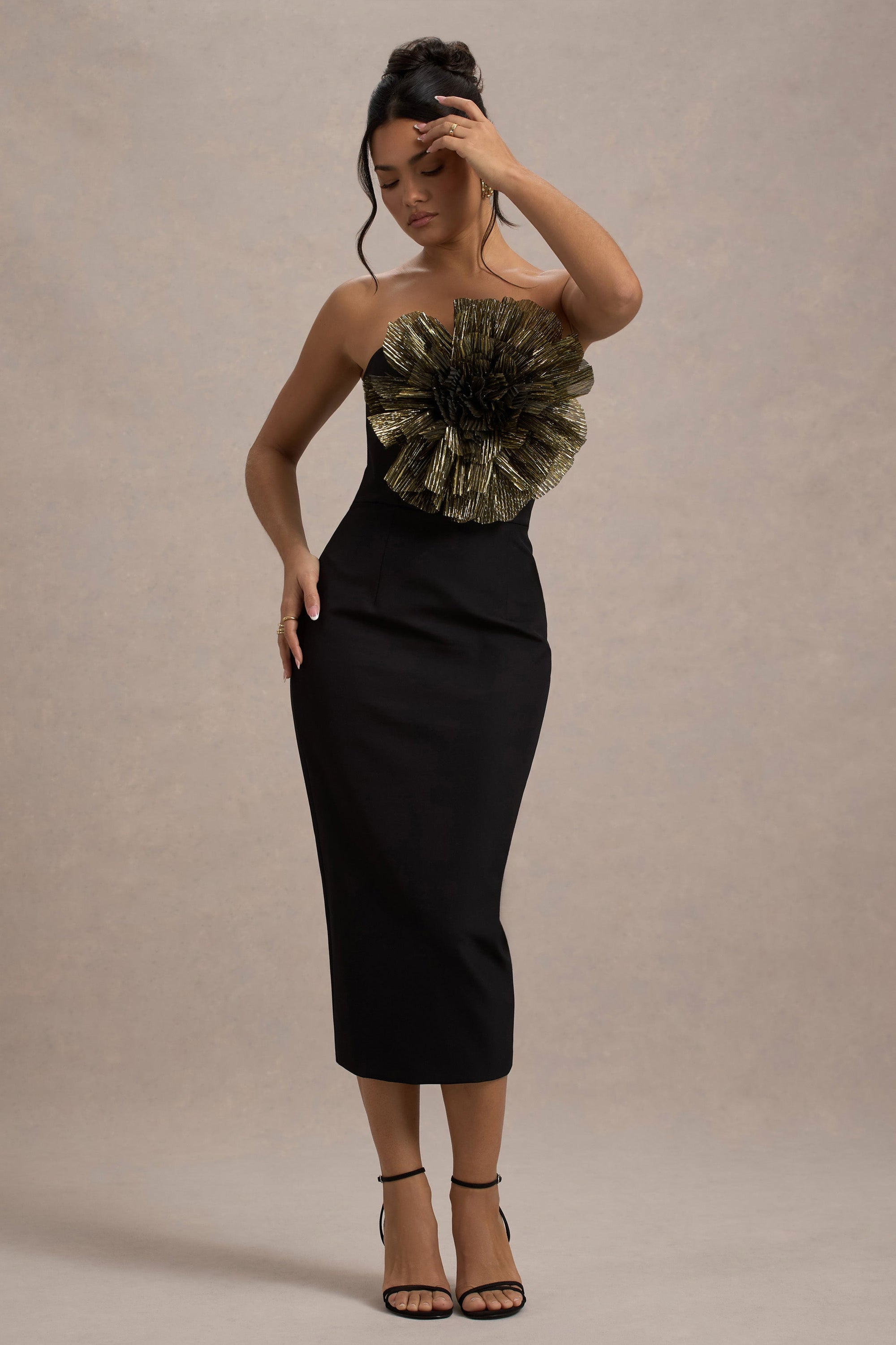 Moya | Black & Gold Bodycon Midi Dress With Corsage Detail - Club L London - AUS