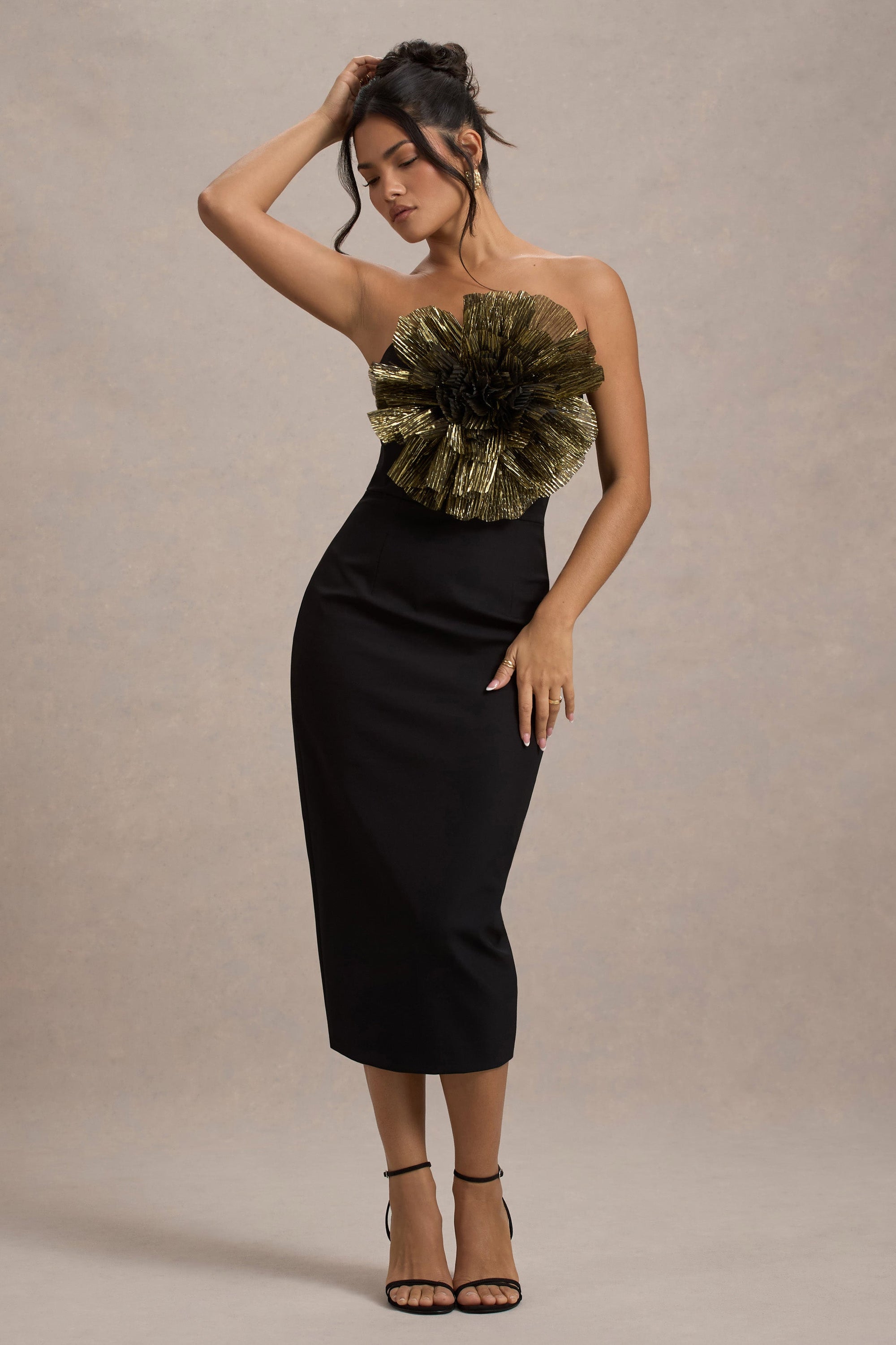Moya | Black & Gold Bodycon Midi Dress With Corsage Detail - Club L London - AUS