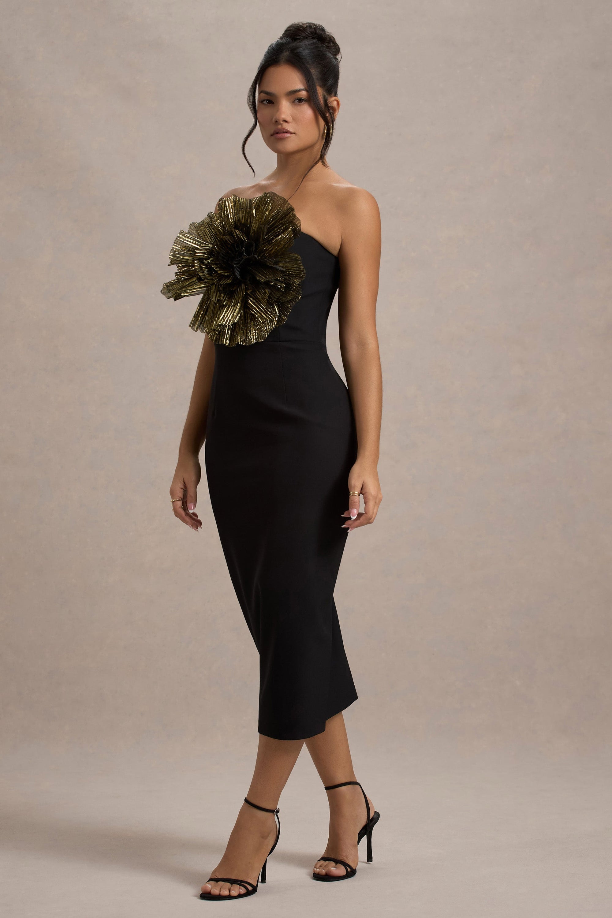 Moya | Black & Gold Bodycon Midi Dress With Corsage Detail - Club L London - AUS