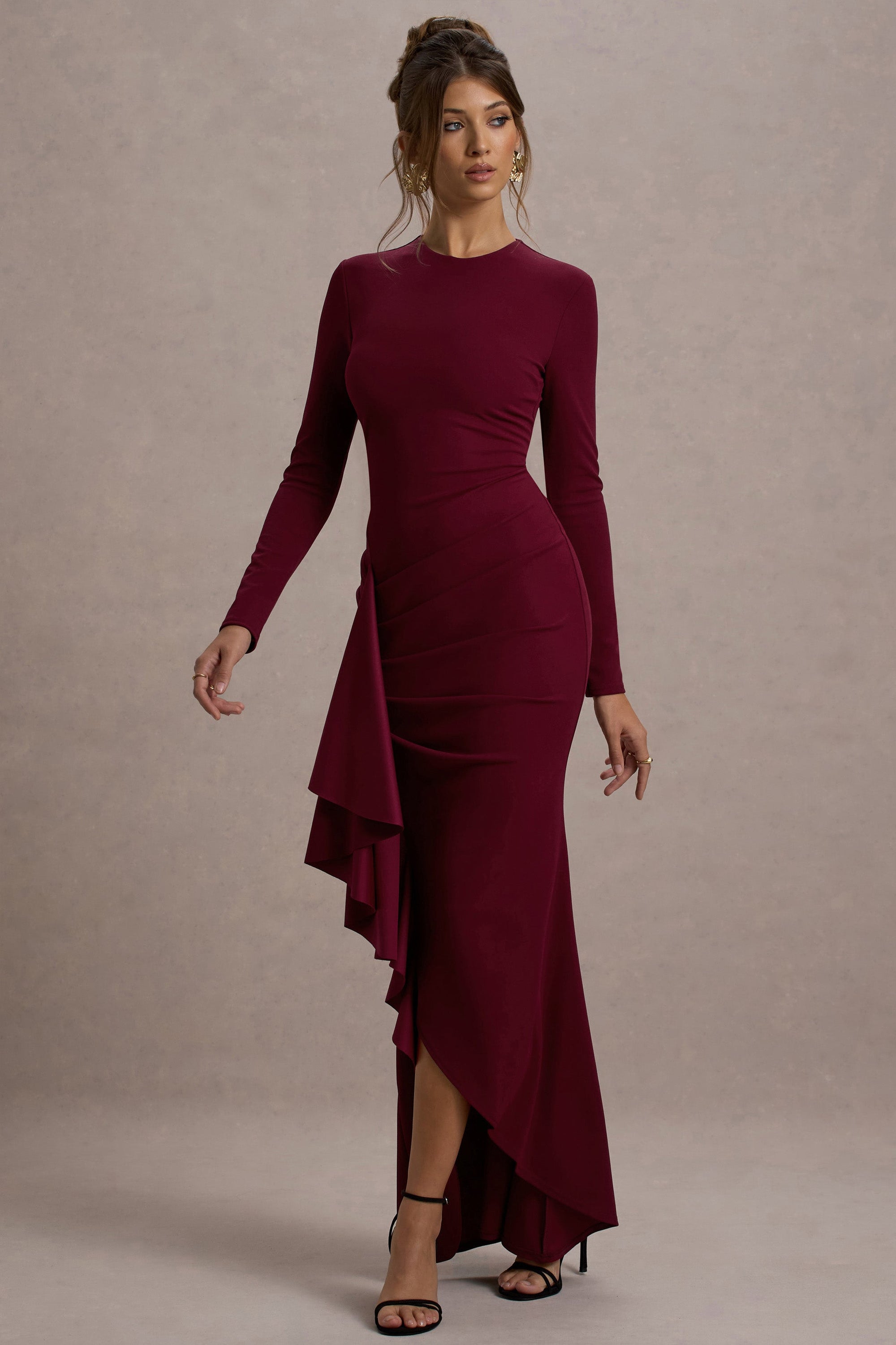 Alayna | Berry Long-Sleeve Maxi Dress With Ruffled Split - Club L London - AUS