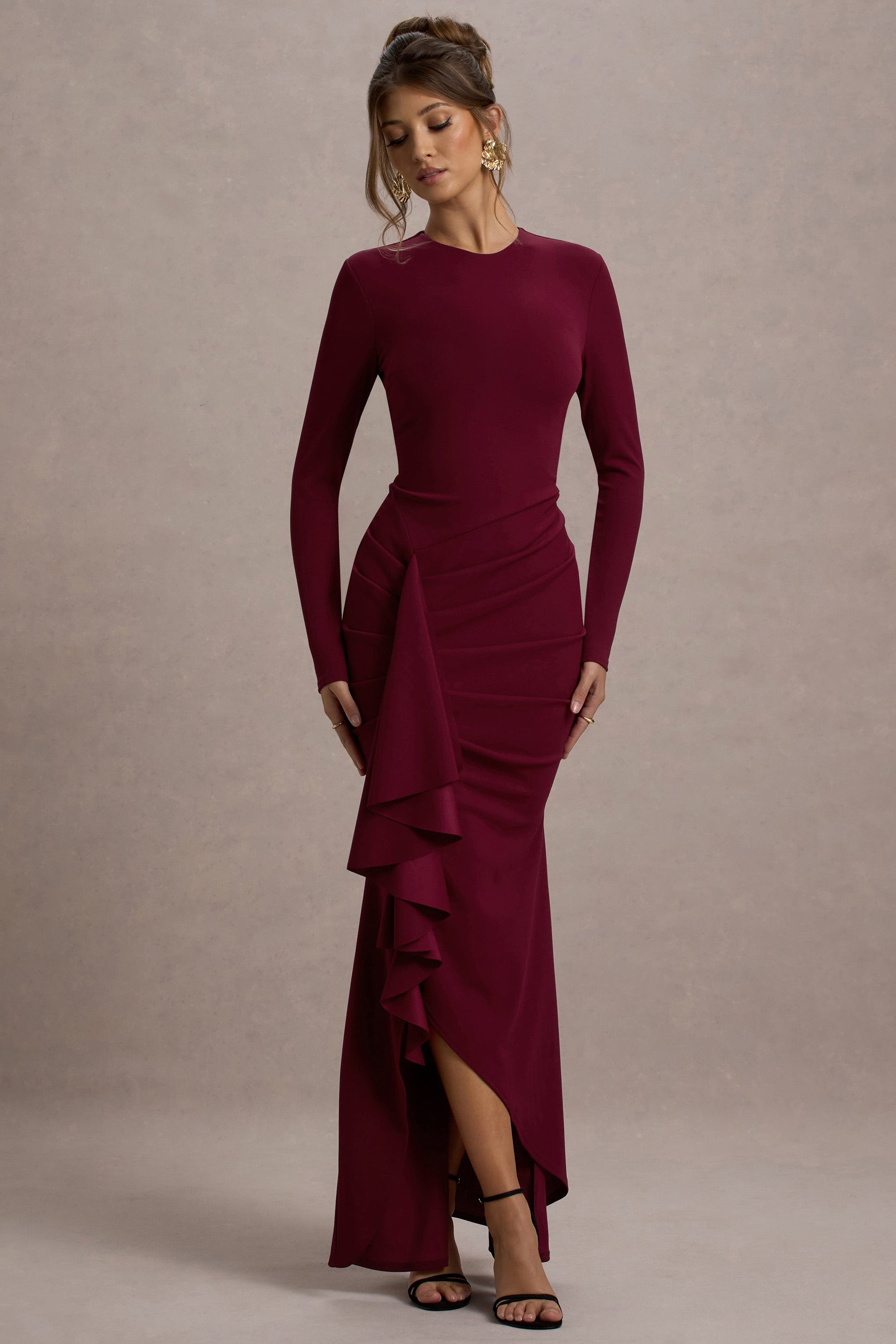 Alayna | Berry Long-Sleeve Maxi Dress With Ruffled Split - Club L London - AUS