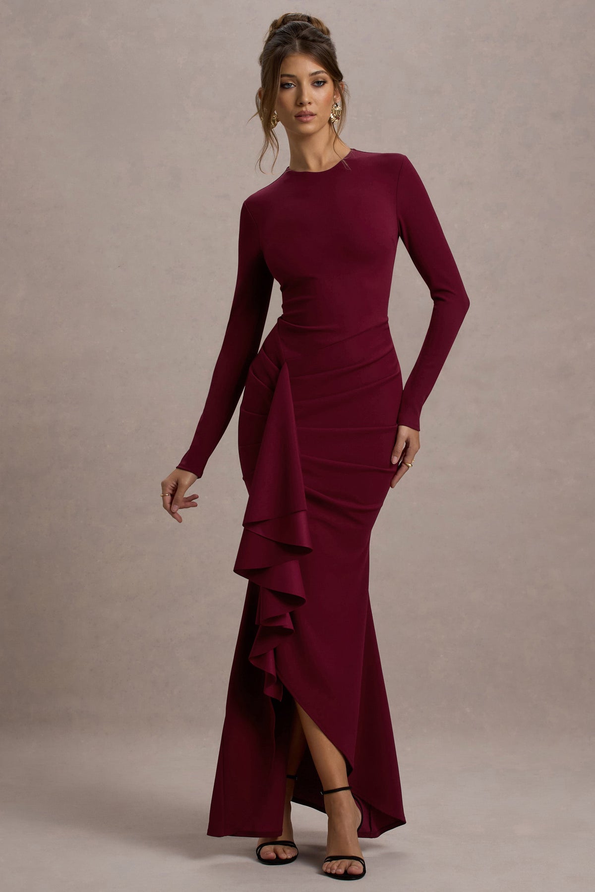 Alayna Berry Long-Sleeve Maxi Dress With Ruffled Split Club L London - AUS Alayna Berry Long-Sleeve Maxi Dress With Ruffled Split Club L London - AUS