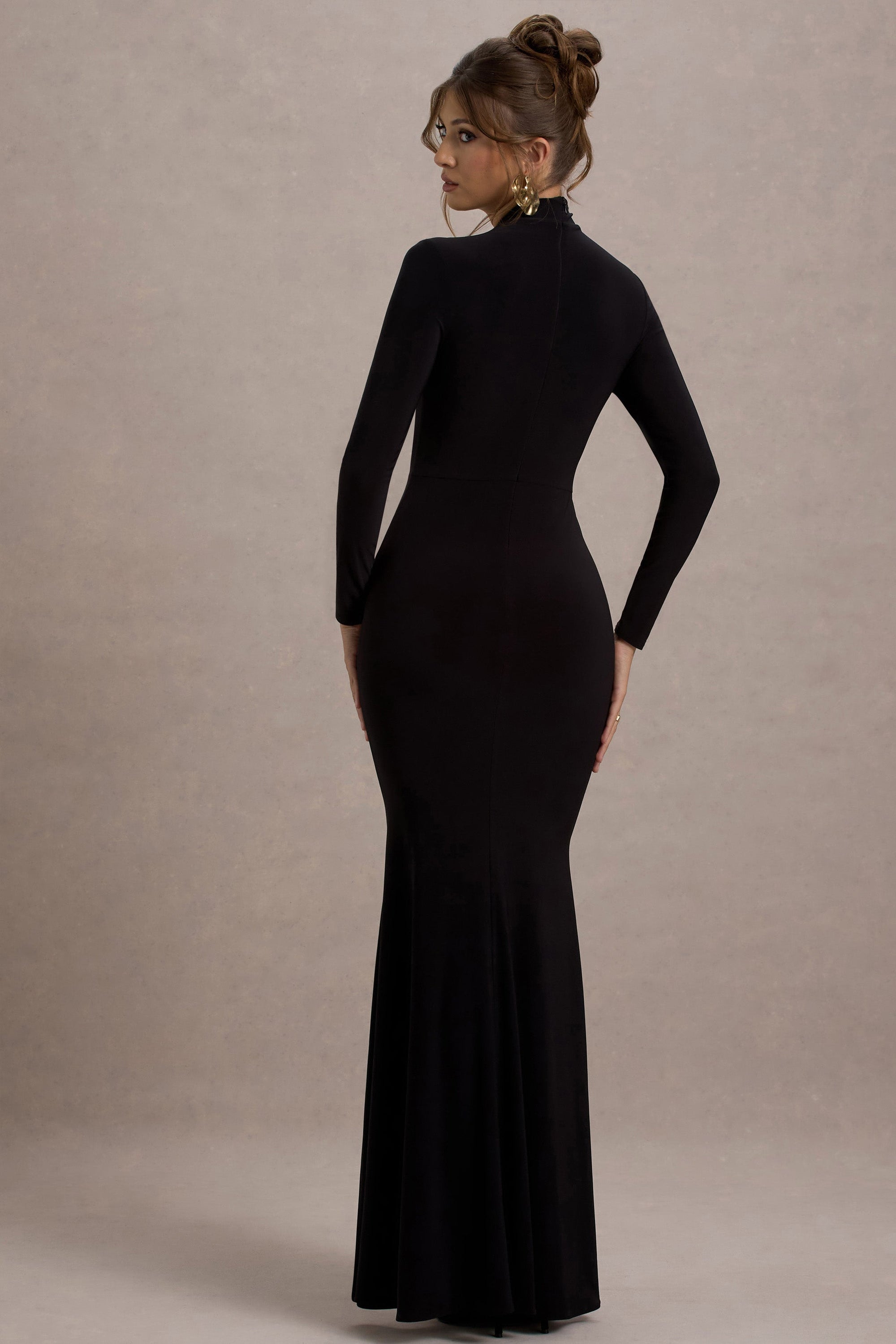 Tova | Black High-Neck Long-Sleeve Maxi Dress - Club L London - AUS