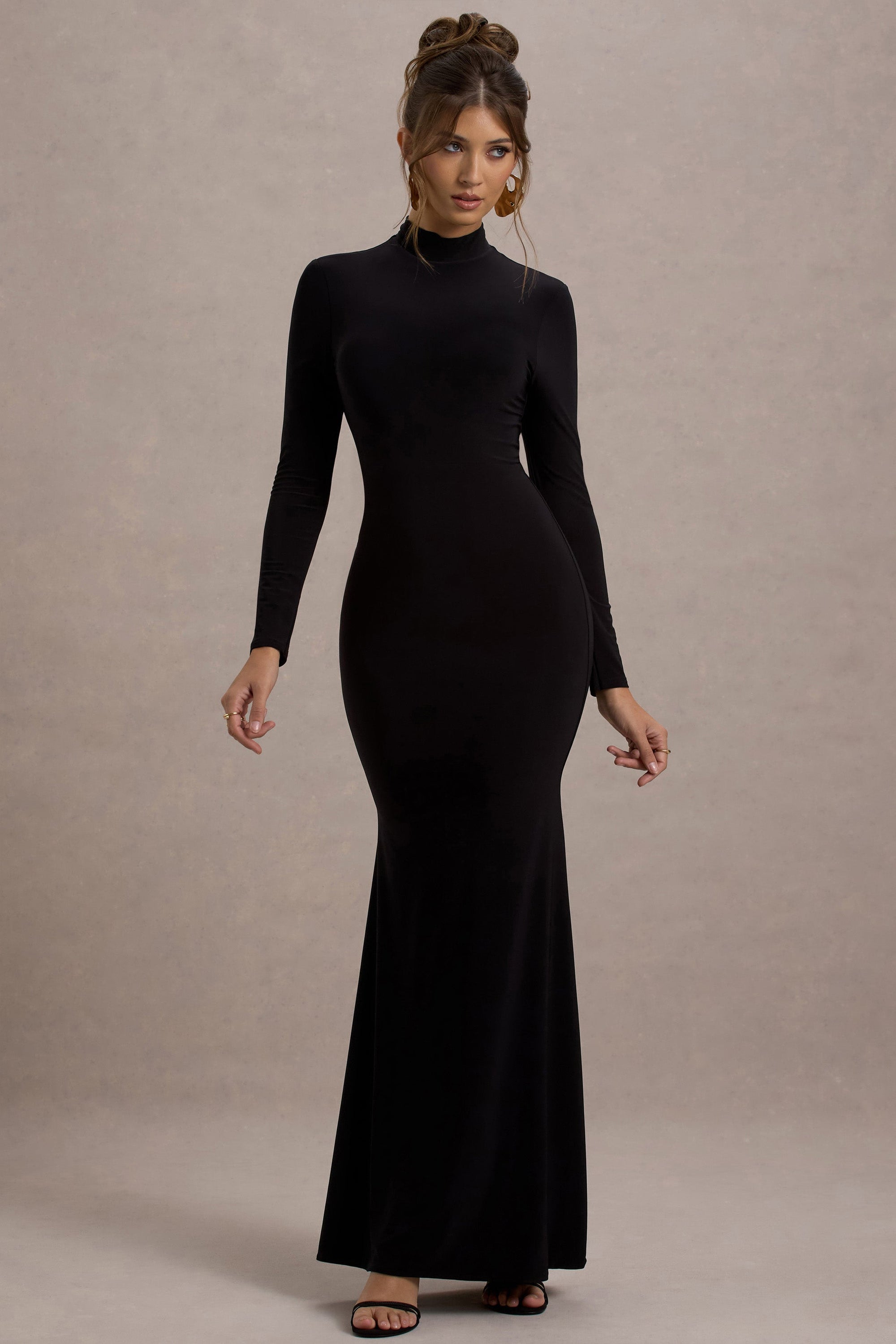 Tova | Black High-Neck Long-Sleeve Maxi Dress - Club L London - AUS