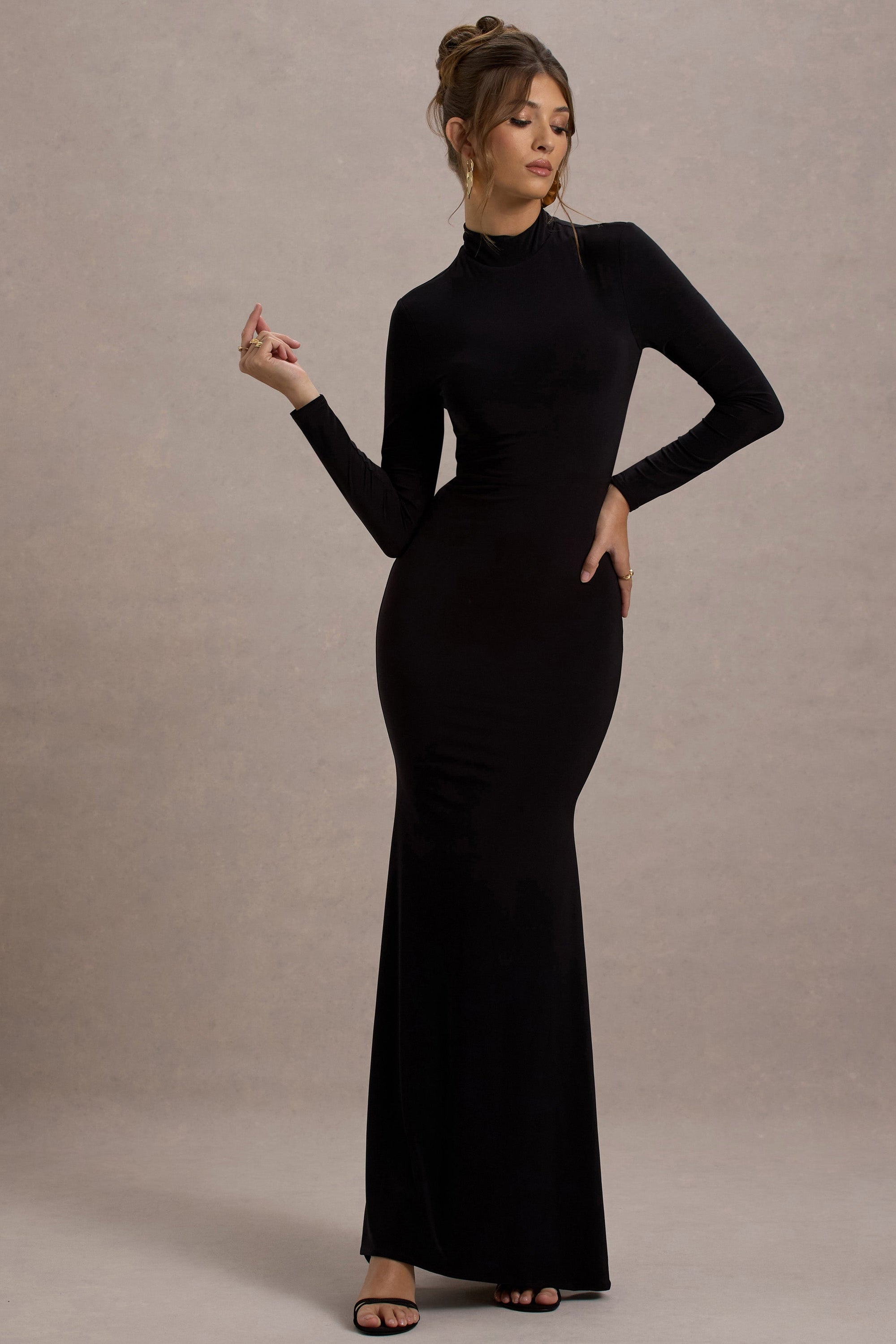 Tova | Black High-Neck Long-Sleeve Maxi Dress - Club L London - AUS