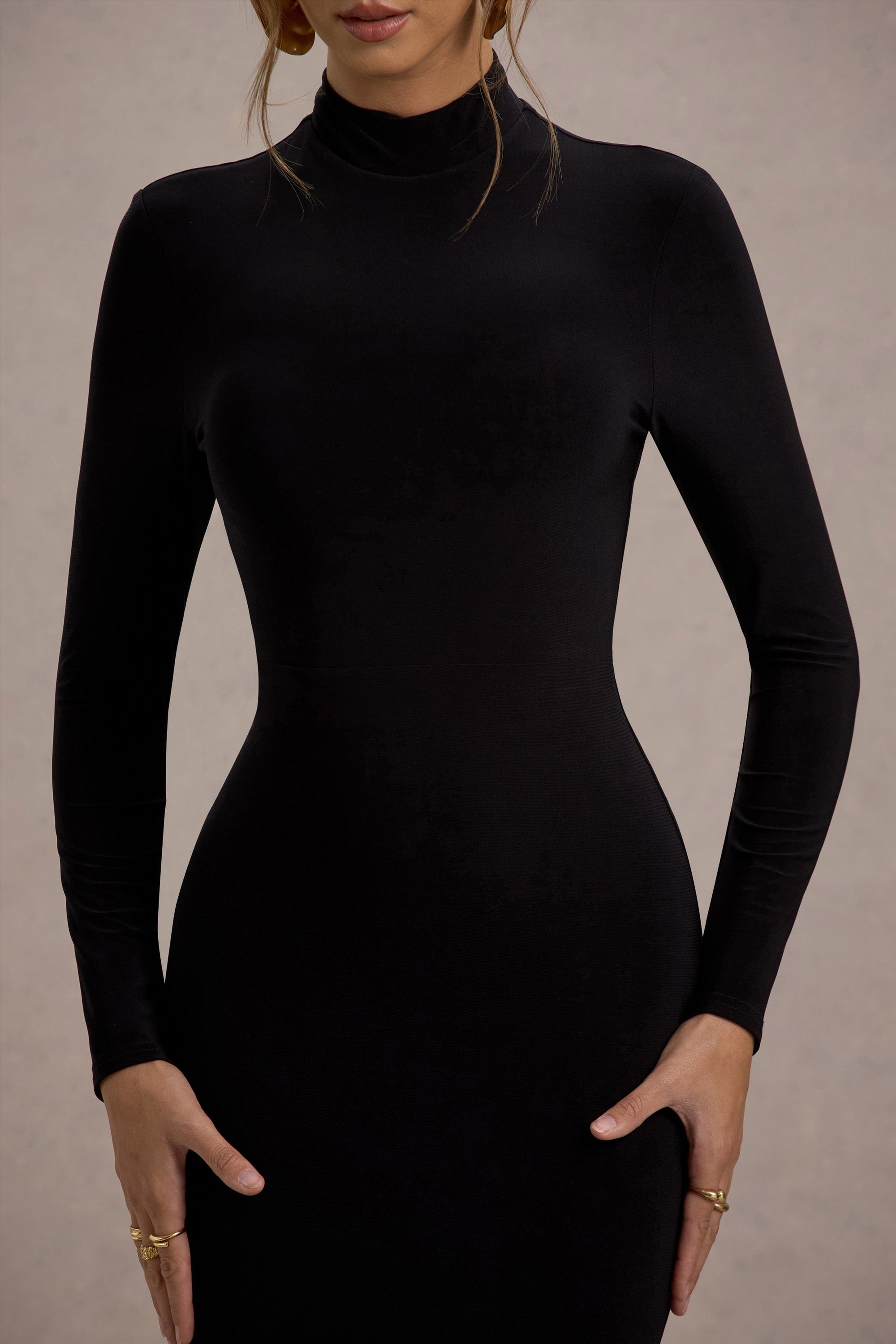 Tova | Black High-Neck Long-Sleeve Maxi Dress - Club L London - AUS