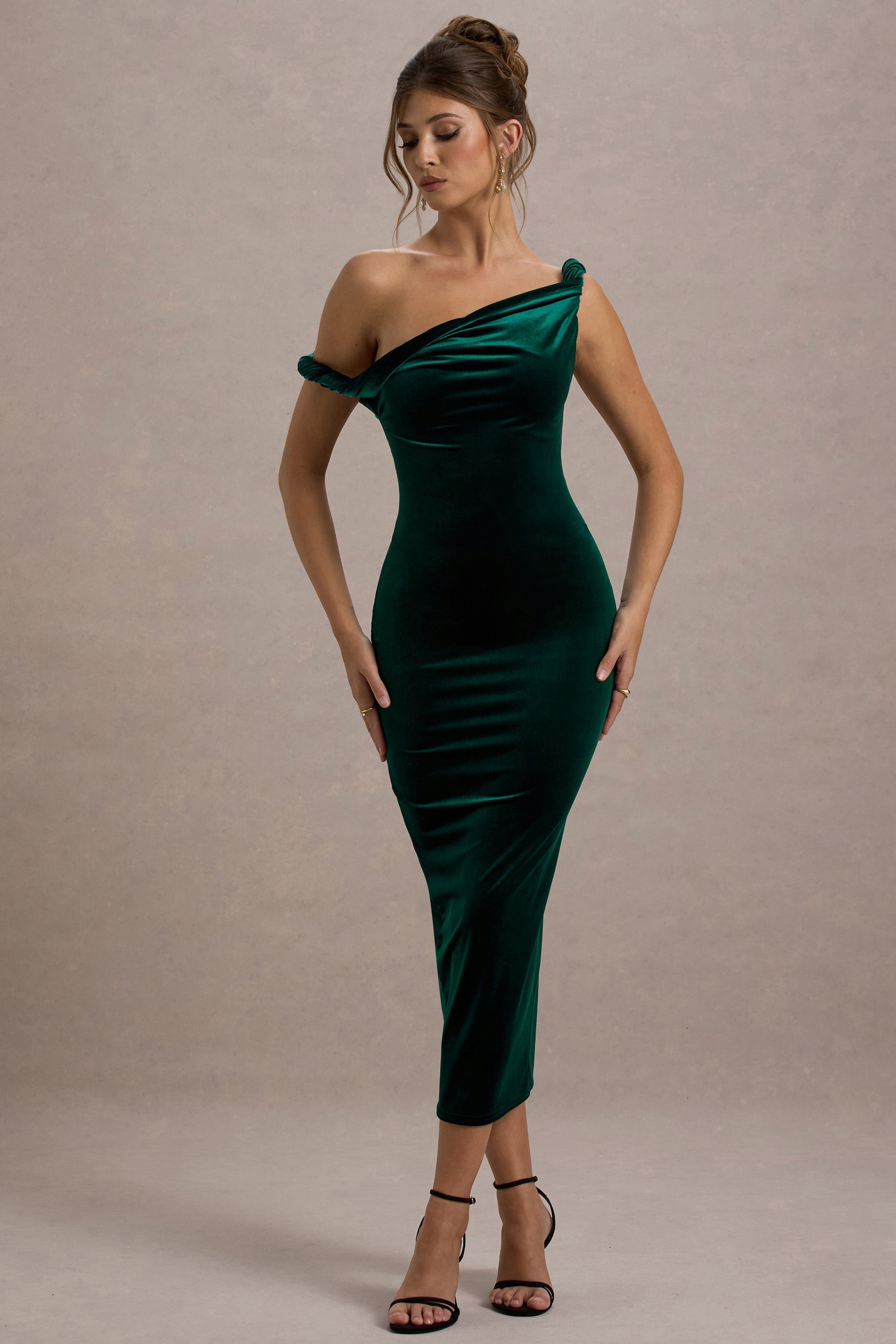 Carella | Bottle Green Velvet Twisted Asymmetric Midi Dress – Club