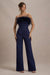 First Class | Navy Bandeau Feather Wide Leg Jumpsuit - Club L London - AUS
