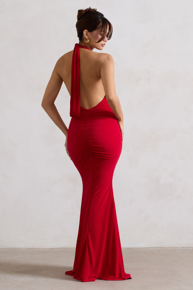 Club L Red Halter Maxi Dress Glamour Red Backless V Plunge